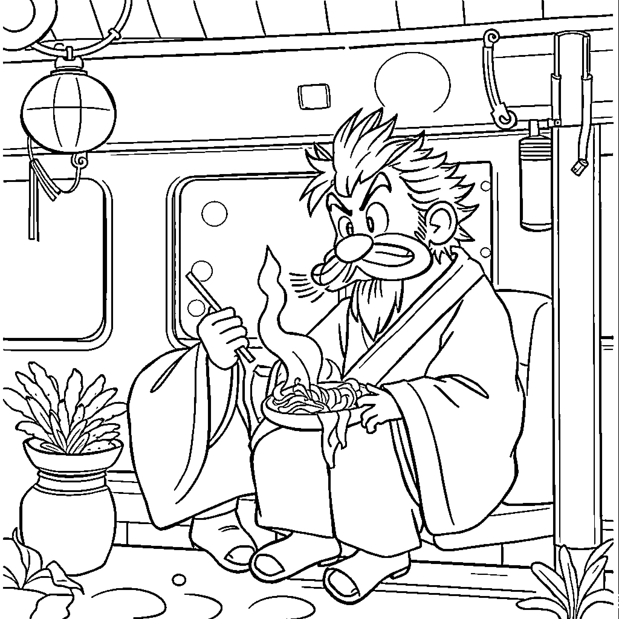 Sangoku's Whimsical Adventure in a Mysterious Room Coloring Page (free black-and-white line drawing printable PDF for all, from beginners to advanced learners, including children, teens, adults, and seniors)