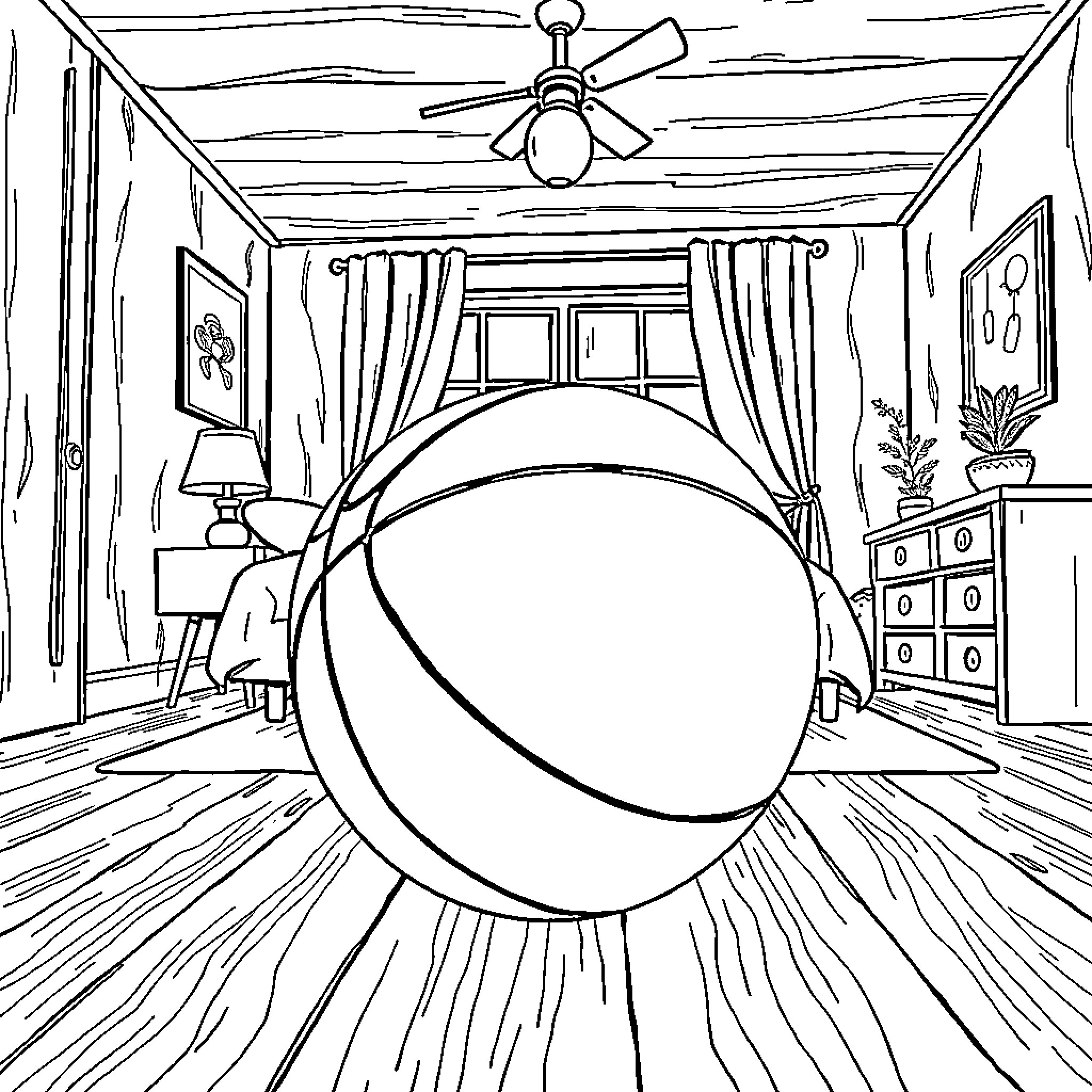 Basketball in the Cozy Home Room Coloring Page (free black-and-white line drawing printable PDF for all, from beginners to advanced learners, including children, teens, adults, and seniors)