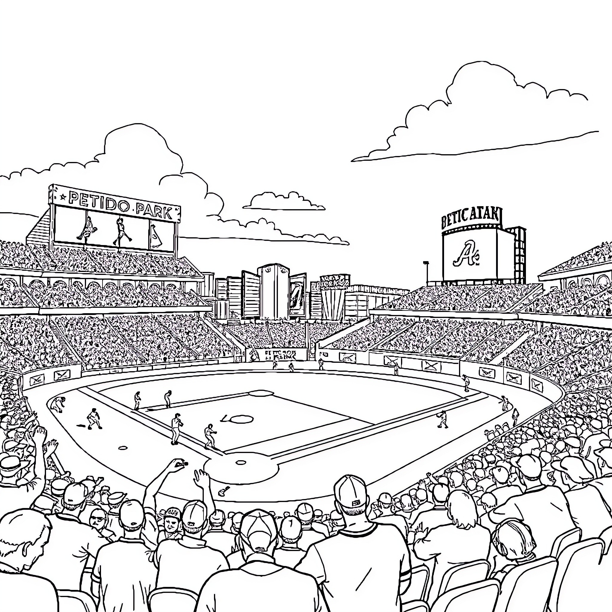 Baseball game at the stadium with crowd Coloring Page (free black-and-white line drawing printable PDF for all, from beginners to advanced learners, including children, teens, adults, and seniors)
