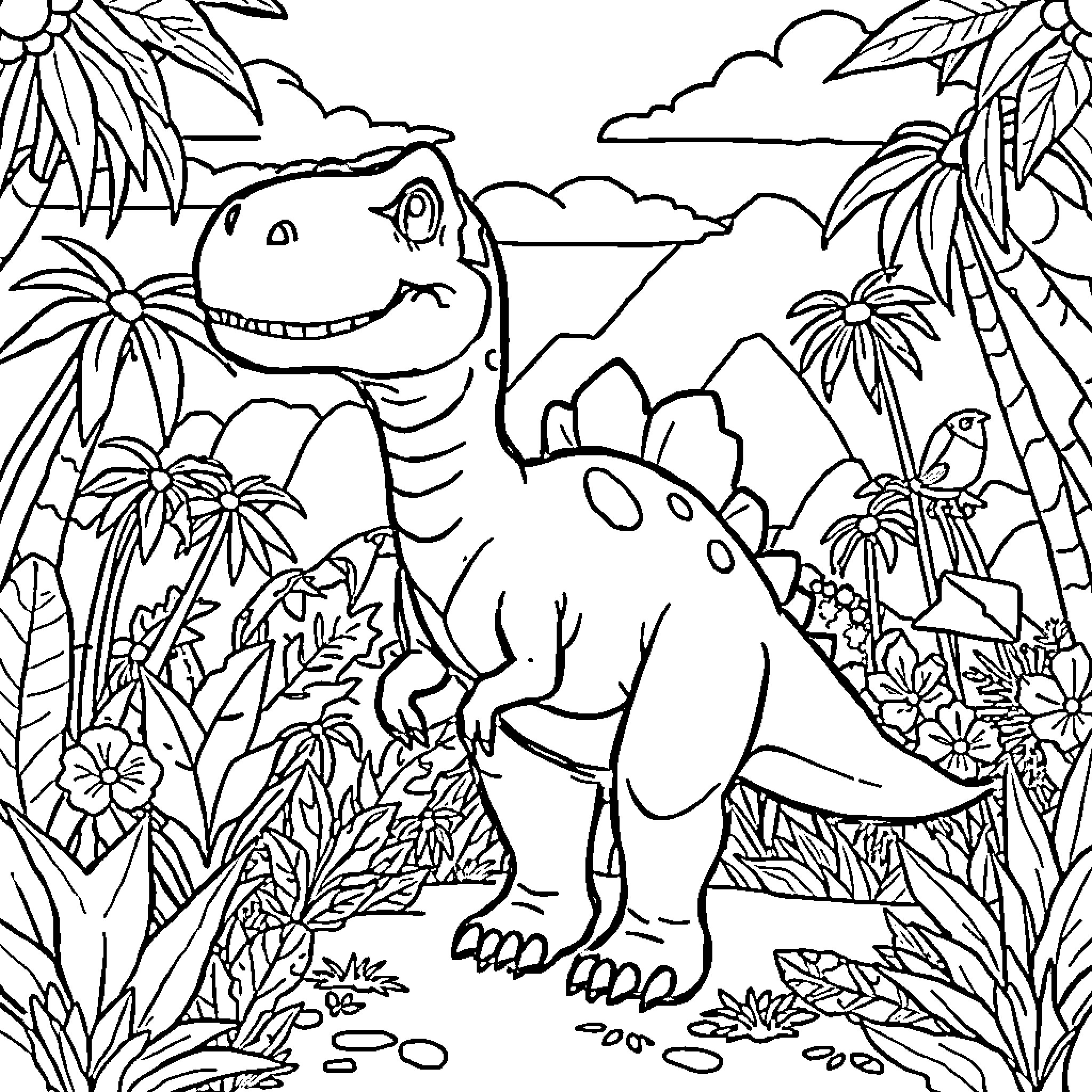 Dino enjoying the tropical landscape Coloring Page (free black-and-white line drawing printable PDF for all, from beginners to advanced learners, including children, teens, adults, and seniors)