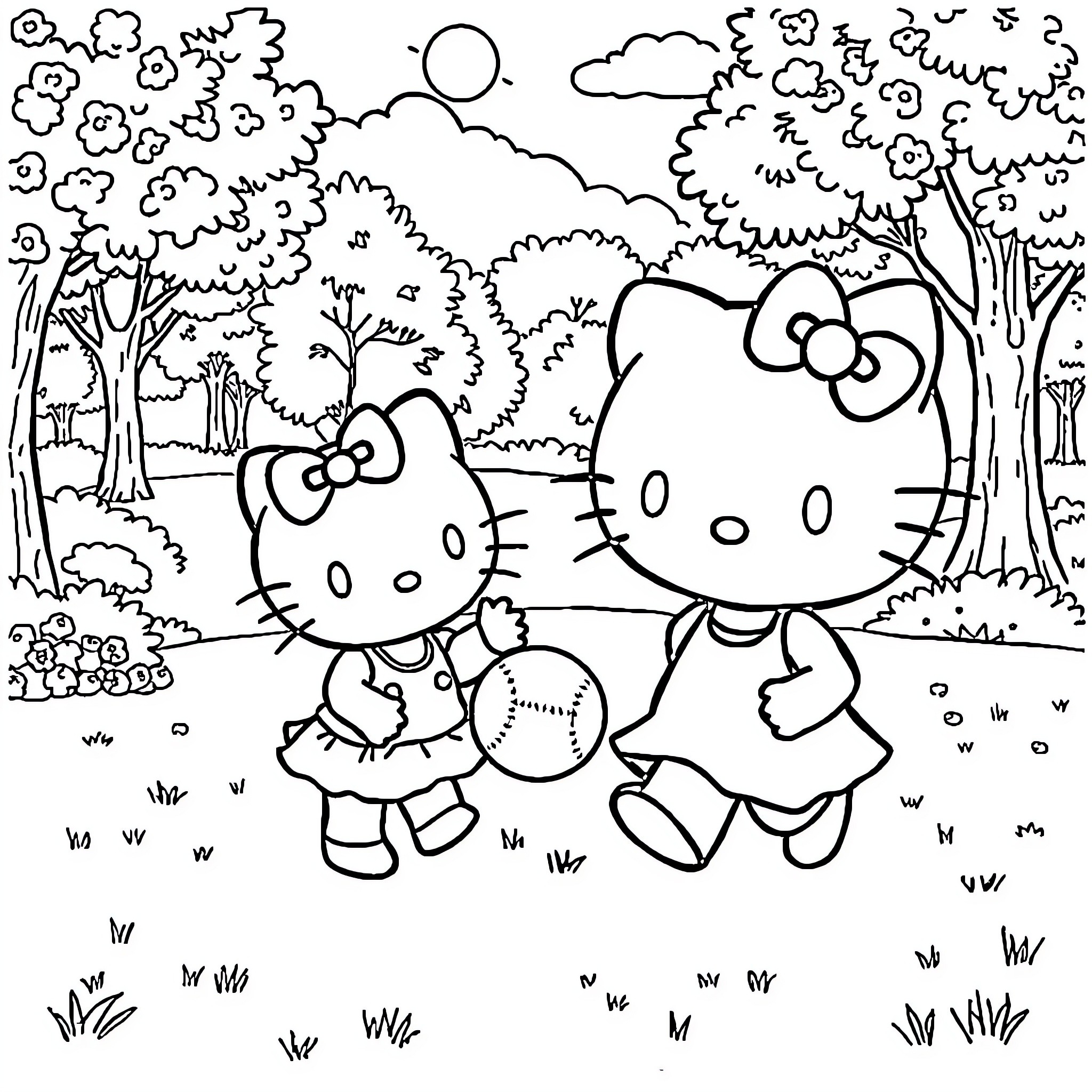 Hello Kitty friends enjoy a nature walk together Coloring Page (free black-and-white line drawing printable PDF for all, from beginners to advanced learners, including children, teens, adults, and seniors)