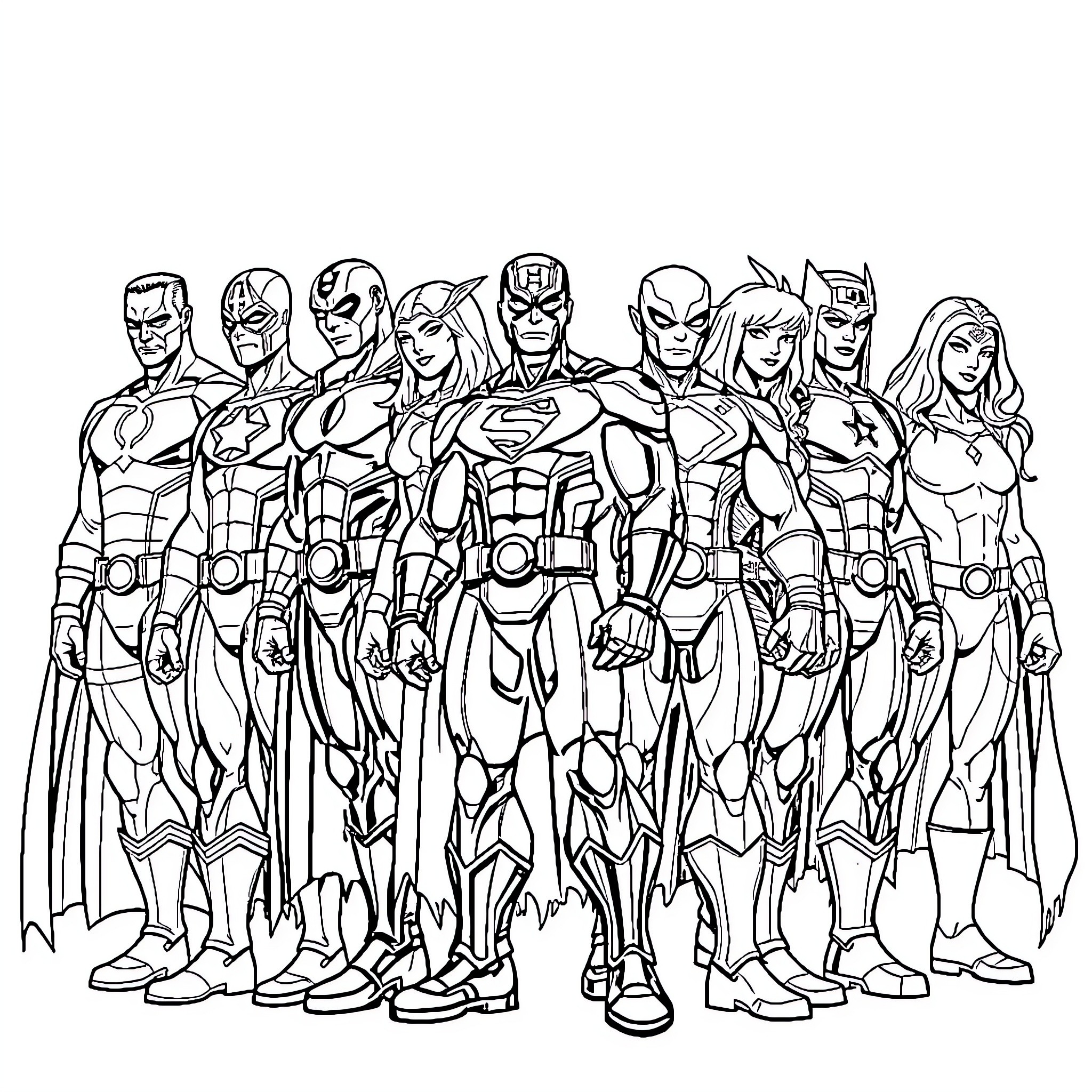 Marvel Character Superhero Squad in Action Poses Coloring Page (free black-and-white line drawing printable PDF for all, from beginners to advanced learners, including children, teens, adults, and seniors)