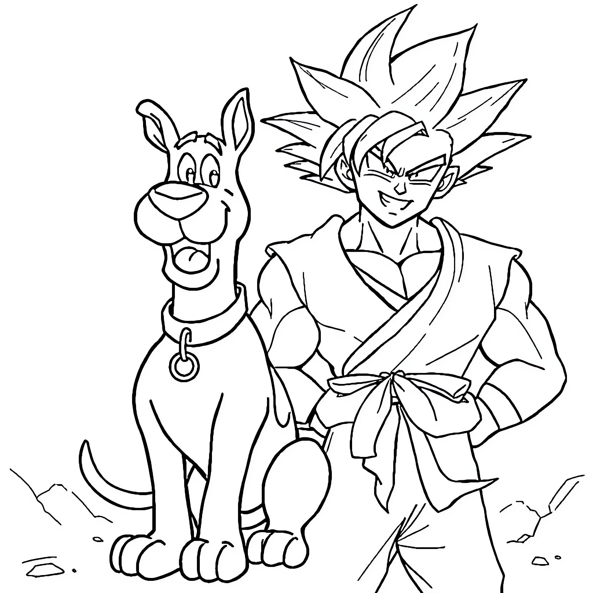 Scooby Doo and Goku on an adventure Coloring Page (free black-and-white line drawing printable PDF for all, from beginners to advanced learners, including children, teens, adults, and seniors)