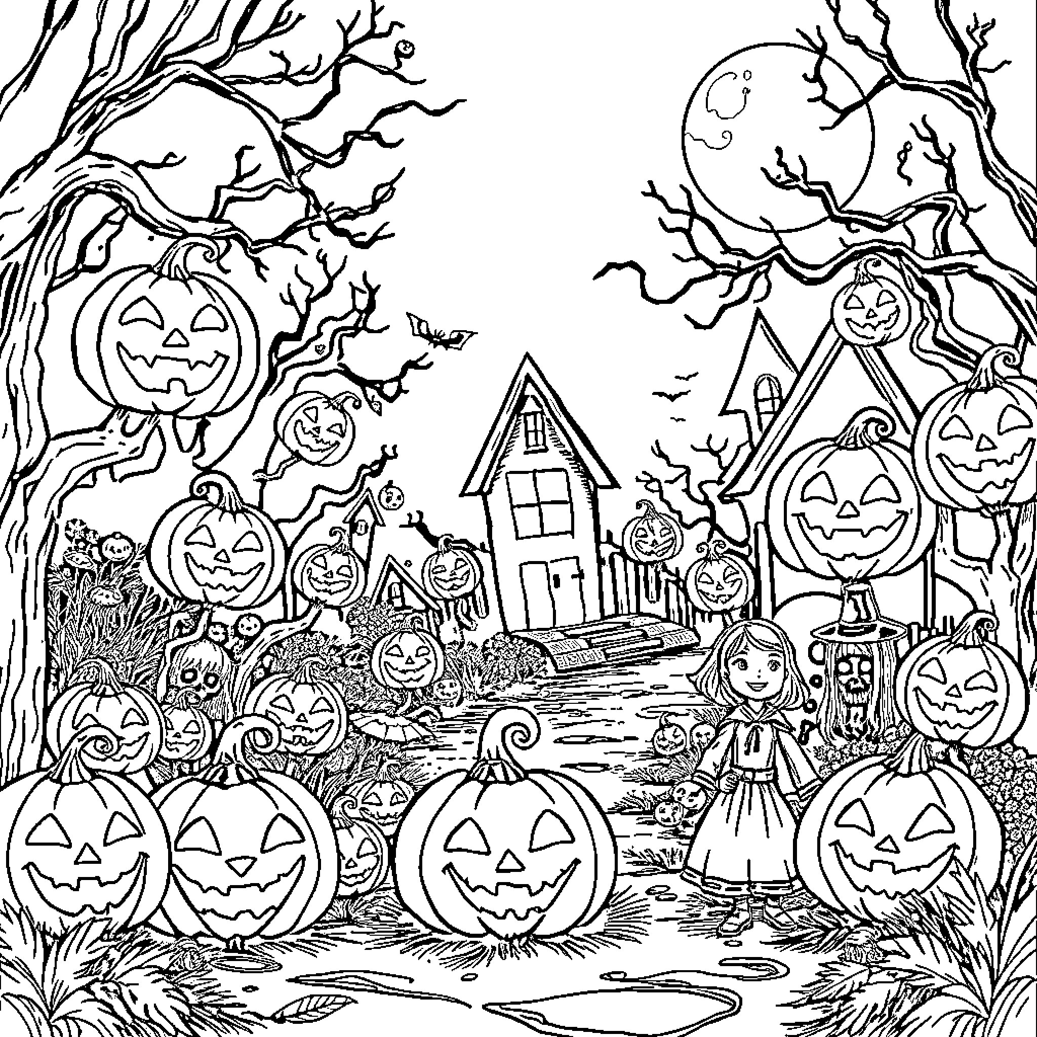 Halloween Celebration in Spooky Pumpkin Patch Coloring Page (free black-and-white line drawing printable PDF for all, from beginners to advanced learners, including children, teens, adults, and seniors)