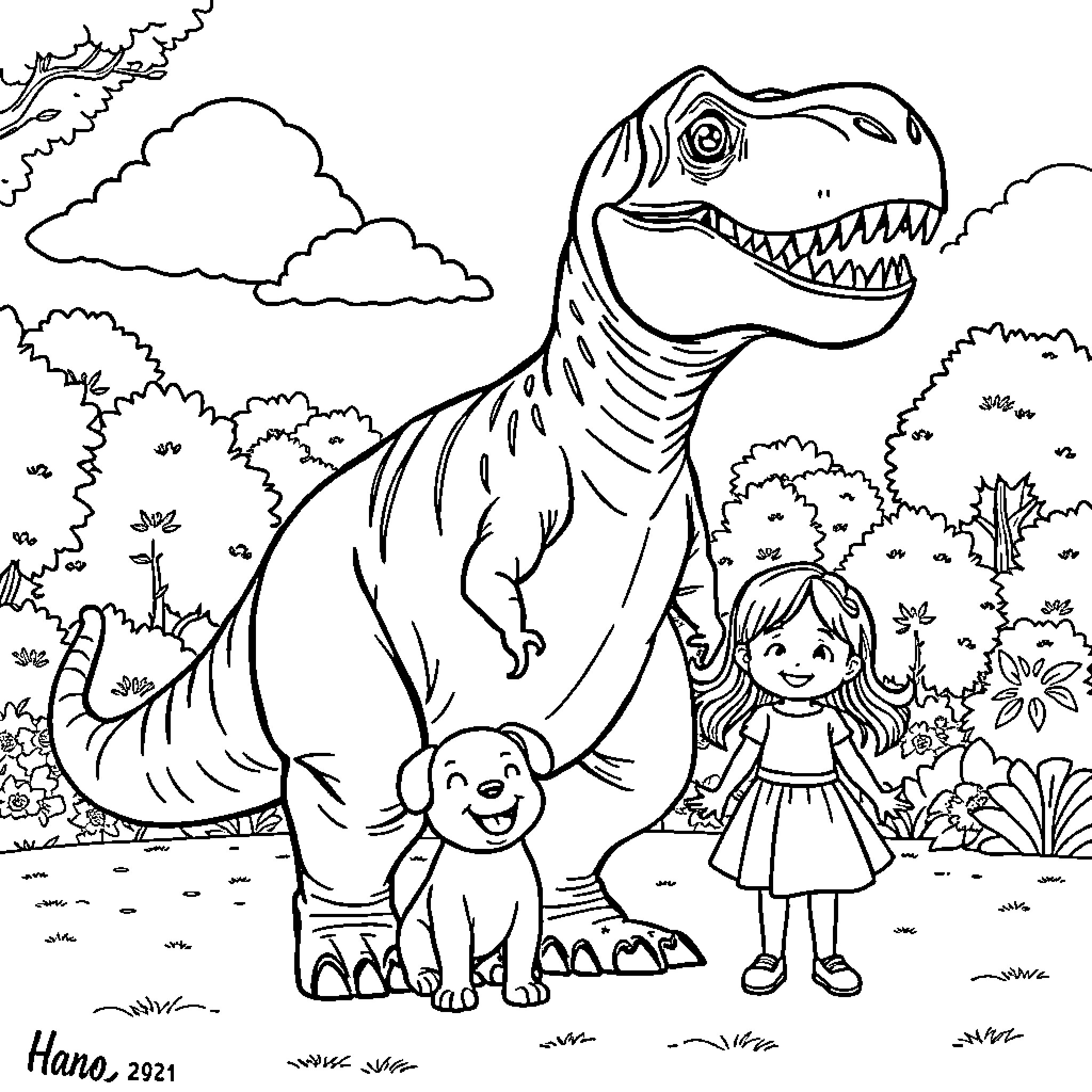 T-Rex stomping through a lush jungle with a girl and her pet Coloring Page (free black-and-white line drawing printable PDF for all, from beginners to advanced learners, including children, teens, adults, and seniors)