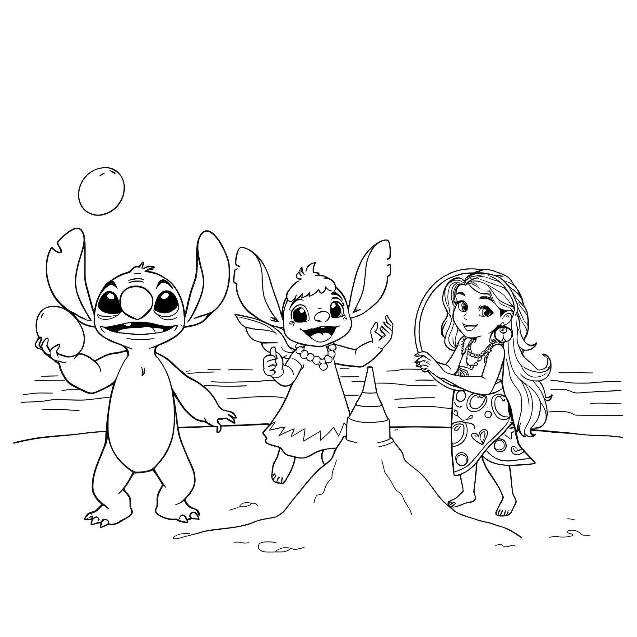 Stitch and friends playing joyfully on the beach Coloring Page (free black-and-white line drawing printable PDF for all, from beginners to advanced learners, including children, teens, adults, and seniors)
