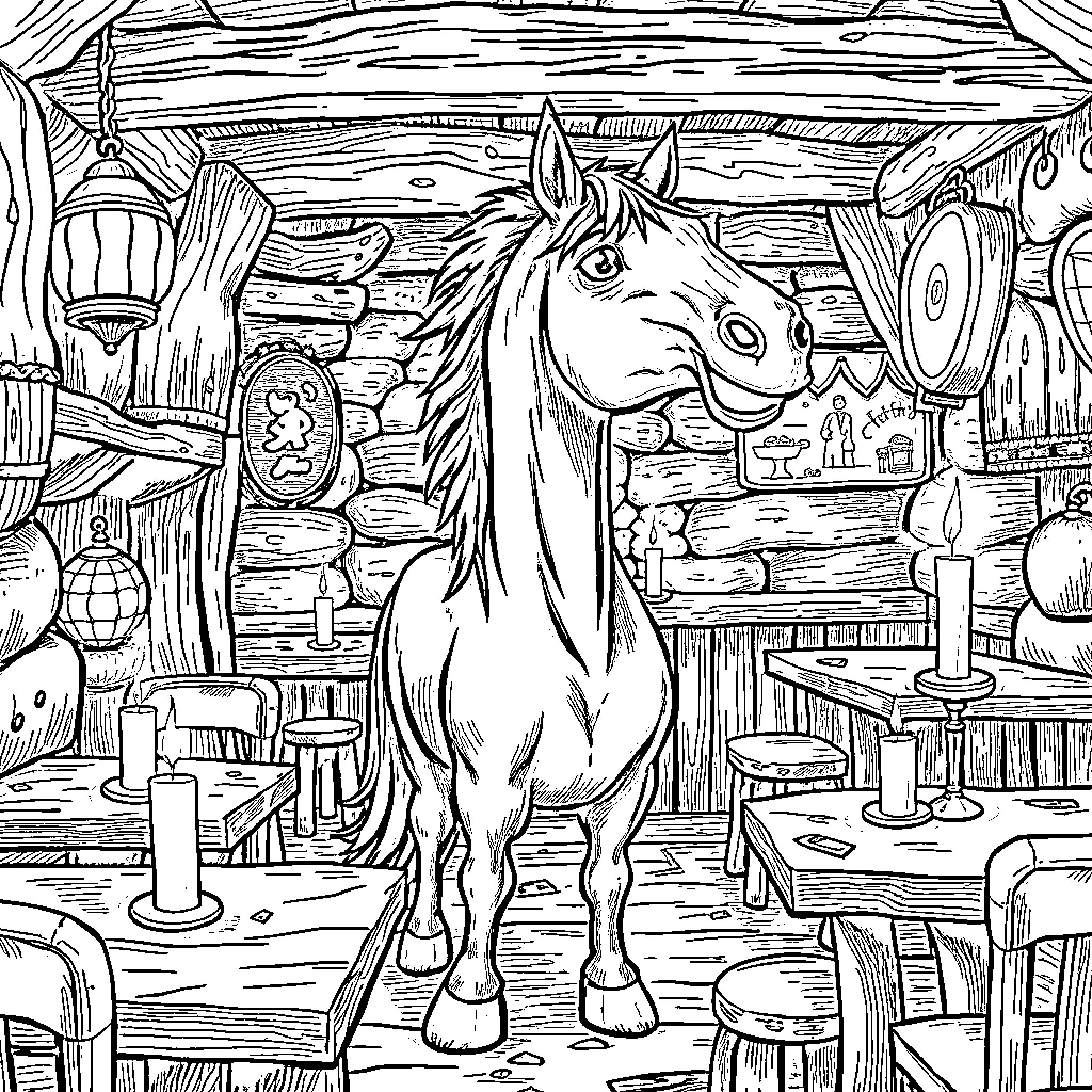 Horse standing in rustic wooden cabin Coloring Page (free black-and-white line drawing printable PDF for all, from beginners to advanced learners, including children, teens, adults, and seniors)