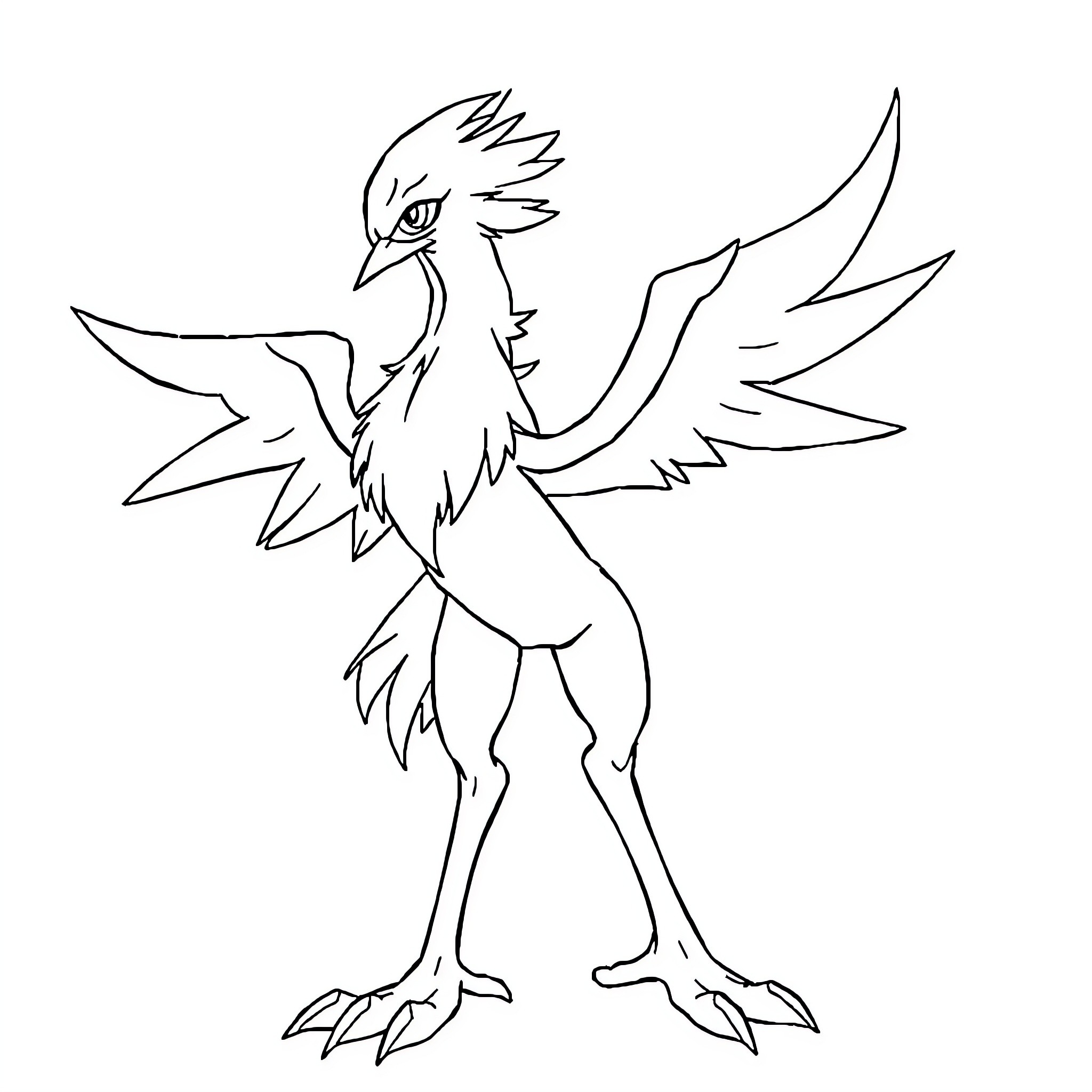 Blaziken posing with outstretched wings Coloring Page (free black-and-white line drawing printable PDF for all, from beginners to advanced learners, including children, teens, adults, and seniors)