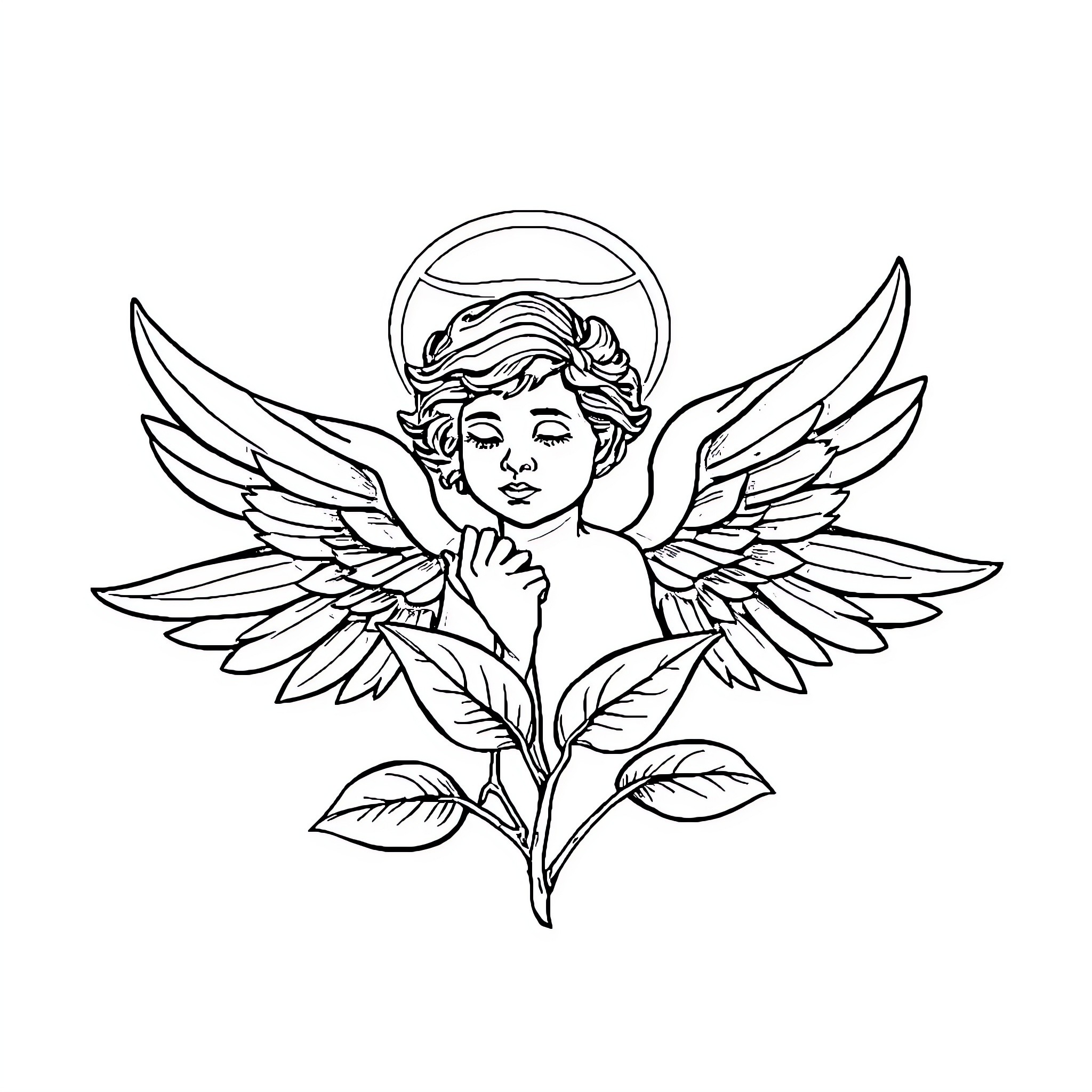 Angel with wings resting on flower stem Coloring Page (free black-and-white line drawing printable PDF for all, from beginners to advanced learners, including children, teens, adults, and seniors)
