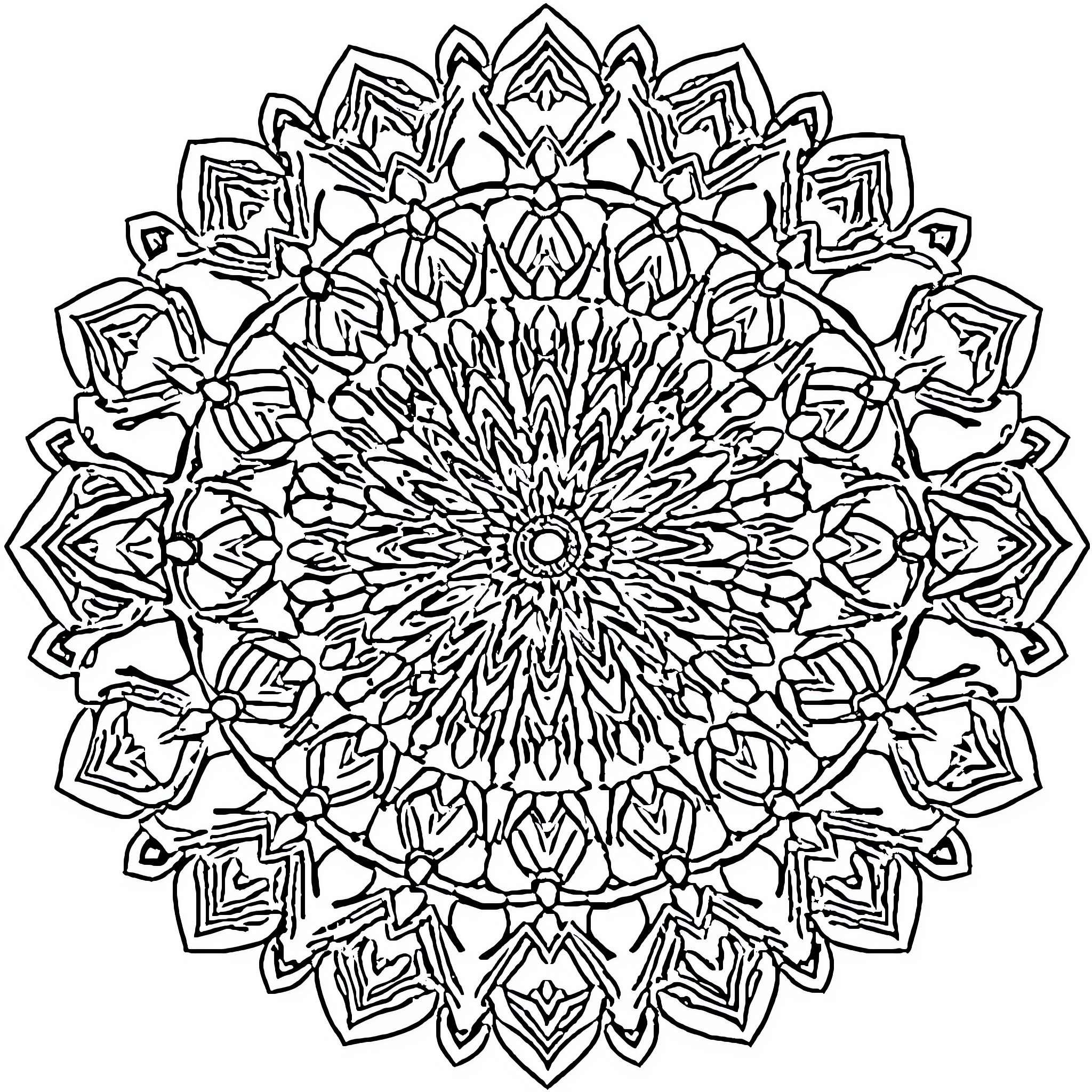 Mandala with intricate floral design Coloring Page (free black-and-white line drawing printable PDF for all, from beginners to advanced learners, including children, teens, adults, and seniors)