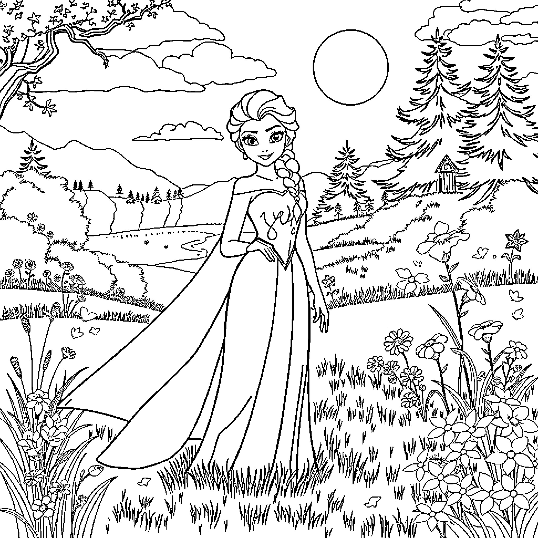 Elsa's Enchanted Forest Adventure Coloring Page (free black-and-white line drawing printable PDF for all, from beginners to advanced learners, including children, teens, adults, and seniors)