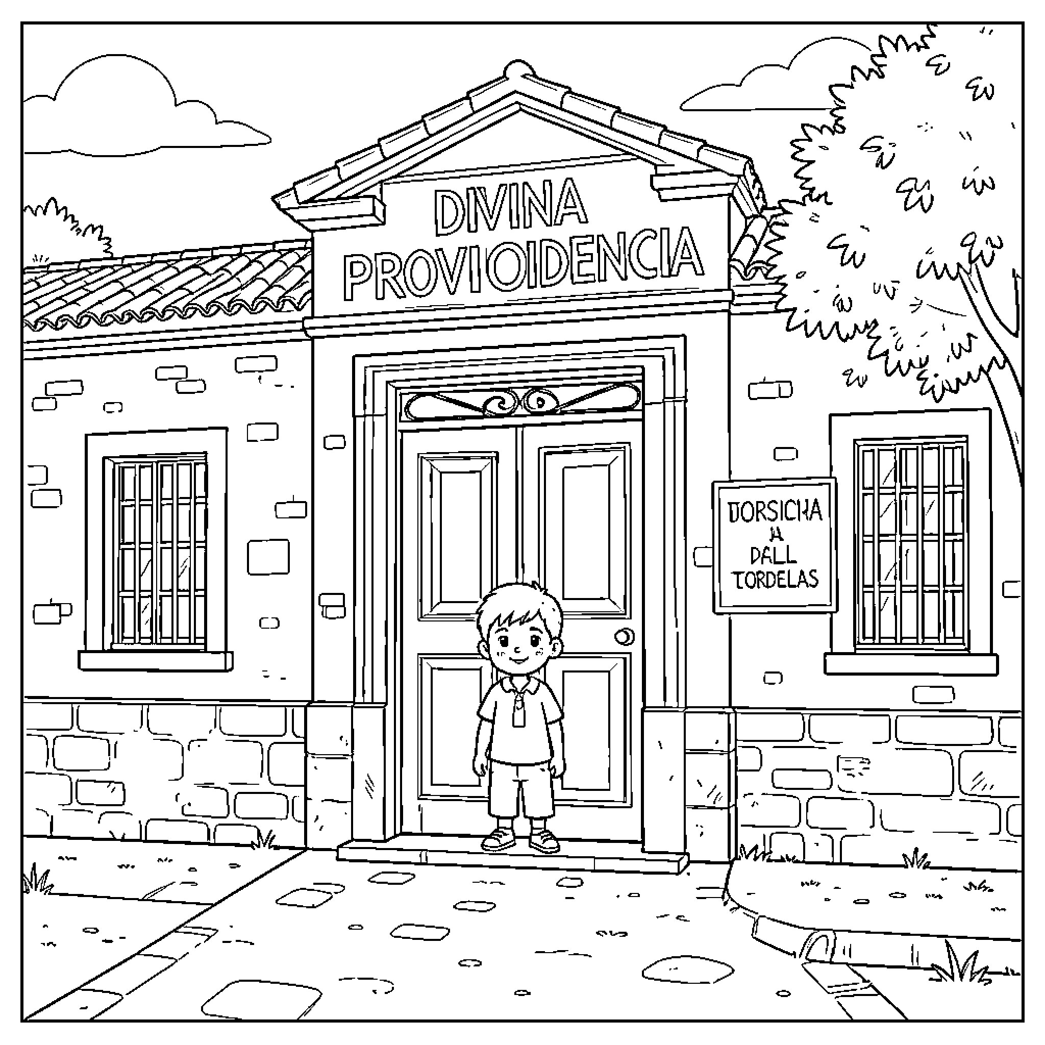 Niño explores the Divina Providencia building Coloring Page (free black-and-white line drawing printable PDF for all, from beginners to advanced learners, including children, teens, adults, and seniors)