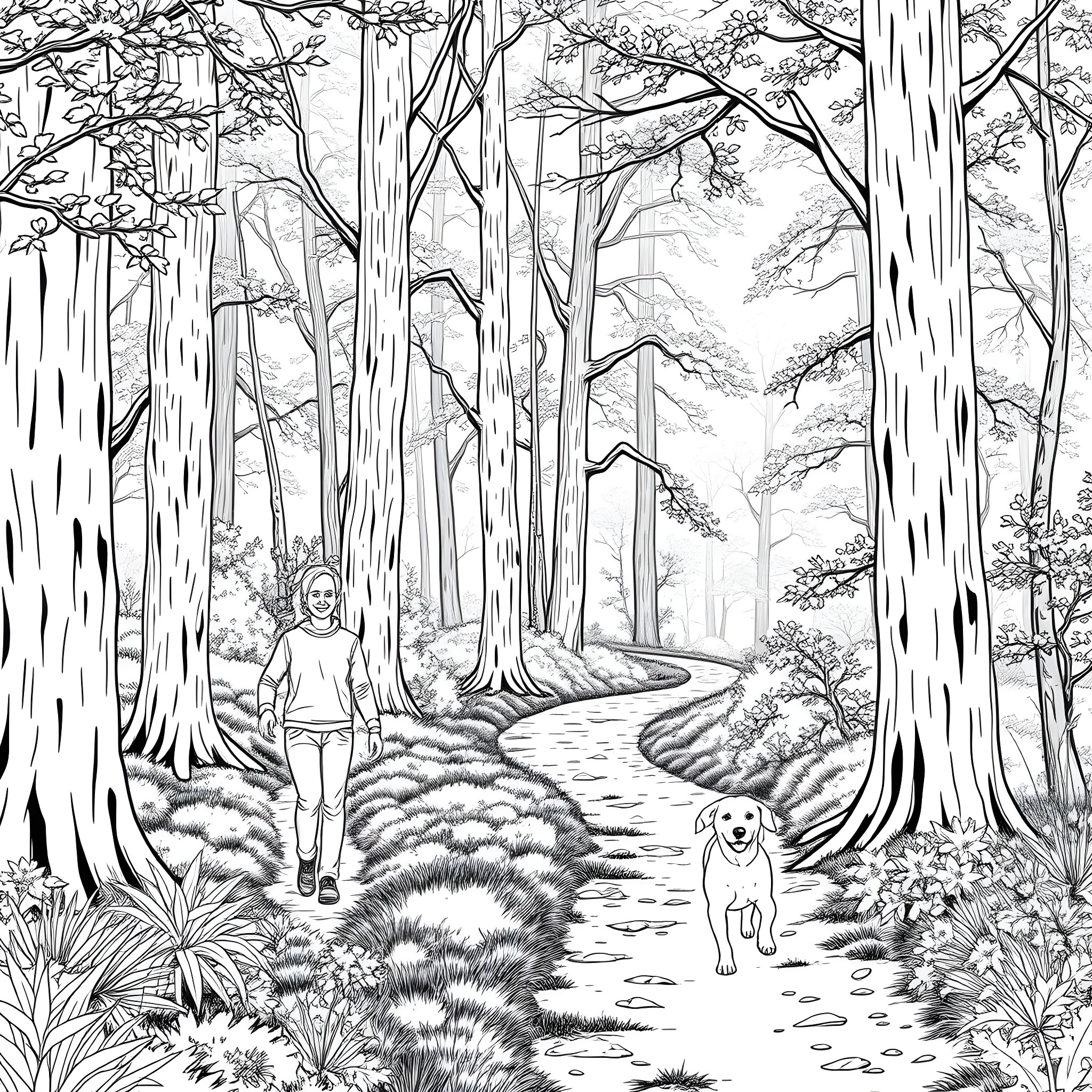 Dog and person enjoying a peaceful forest walk Coloring Page (free black-and-white line drawing printable PDF for all, from beginners to advanced learners, including children, teens, adults, and seniors)