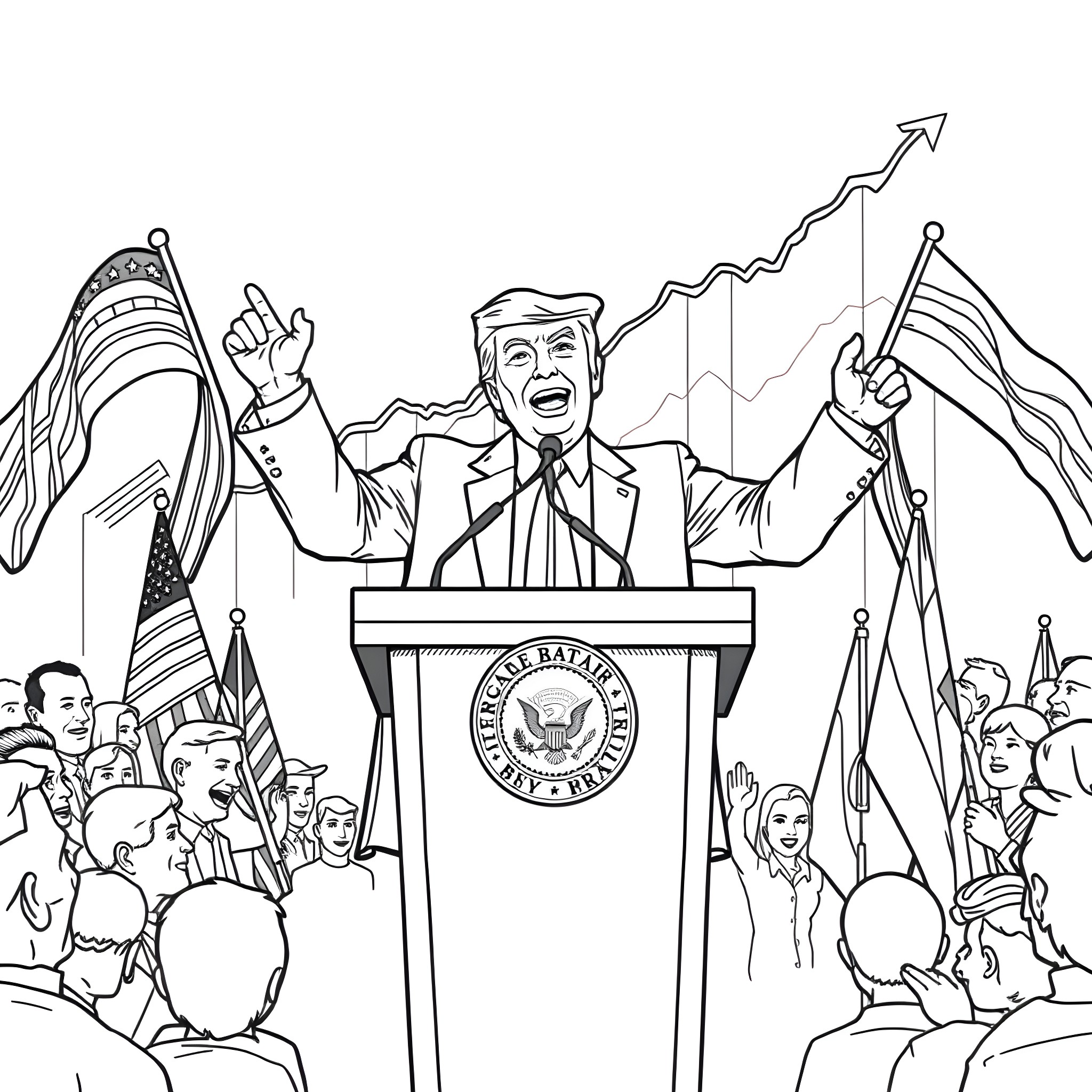 Trump delivering a speech at a rally with enthusiastic supporters Coloring Page (free black-and-white line drawing printable PDF for all, from beginners to advanced learners, including children, teens, adults, and seniors)
