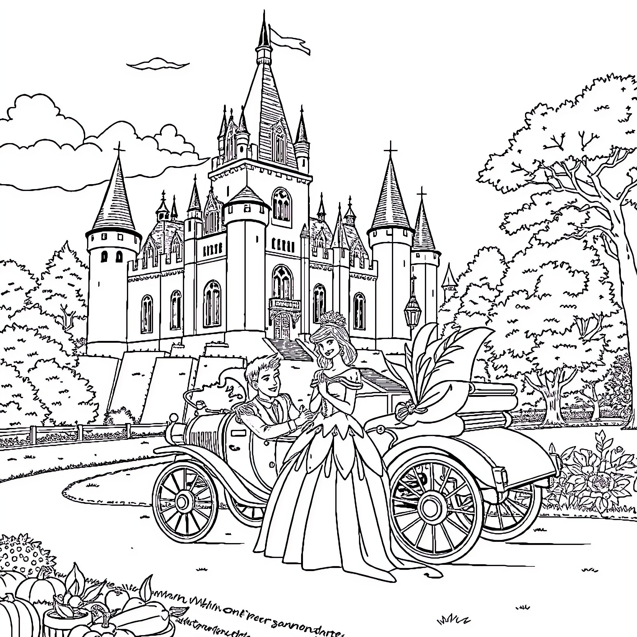 Château of princely procession and royal conveyance Coloring Page (free black-and-white line drawing printable PDF for all, from beginners to advanced learners, including children, teens, adults, and seniors)