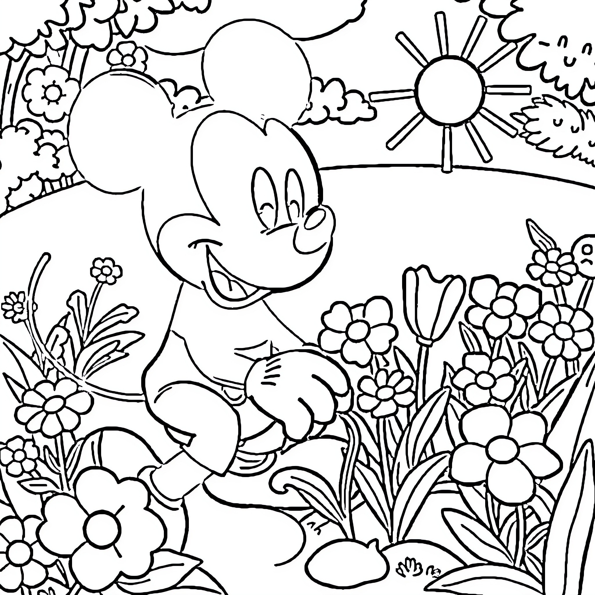 Mickey Mouse in a Floral Wonderland Coloring Page (free black-and-white line drawing printable PDF for all, from beginners to advanced learners, including children, teens, adults, and seniors)