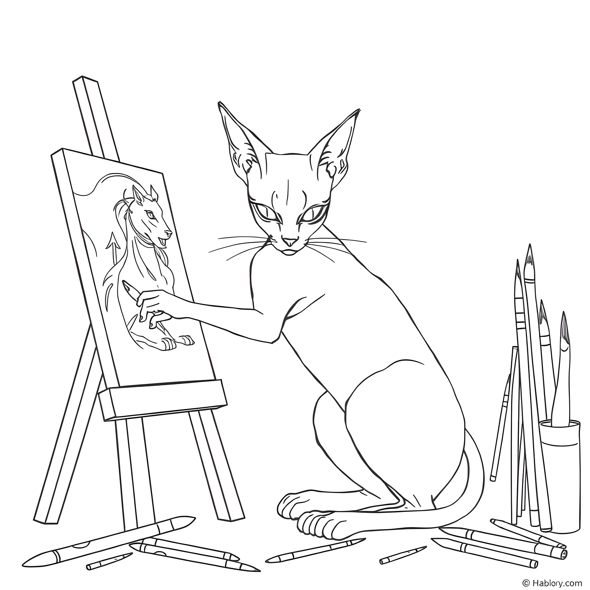 Sphinx Cat Painting Itself on an Easel Coloring Page (free black-and-white line drawing printable PDF for all, from beginners to advanced learners, including children, teens, adults, and seniors)