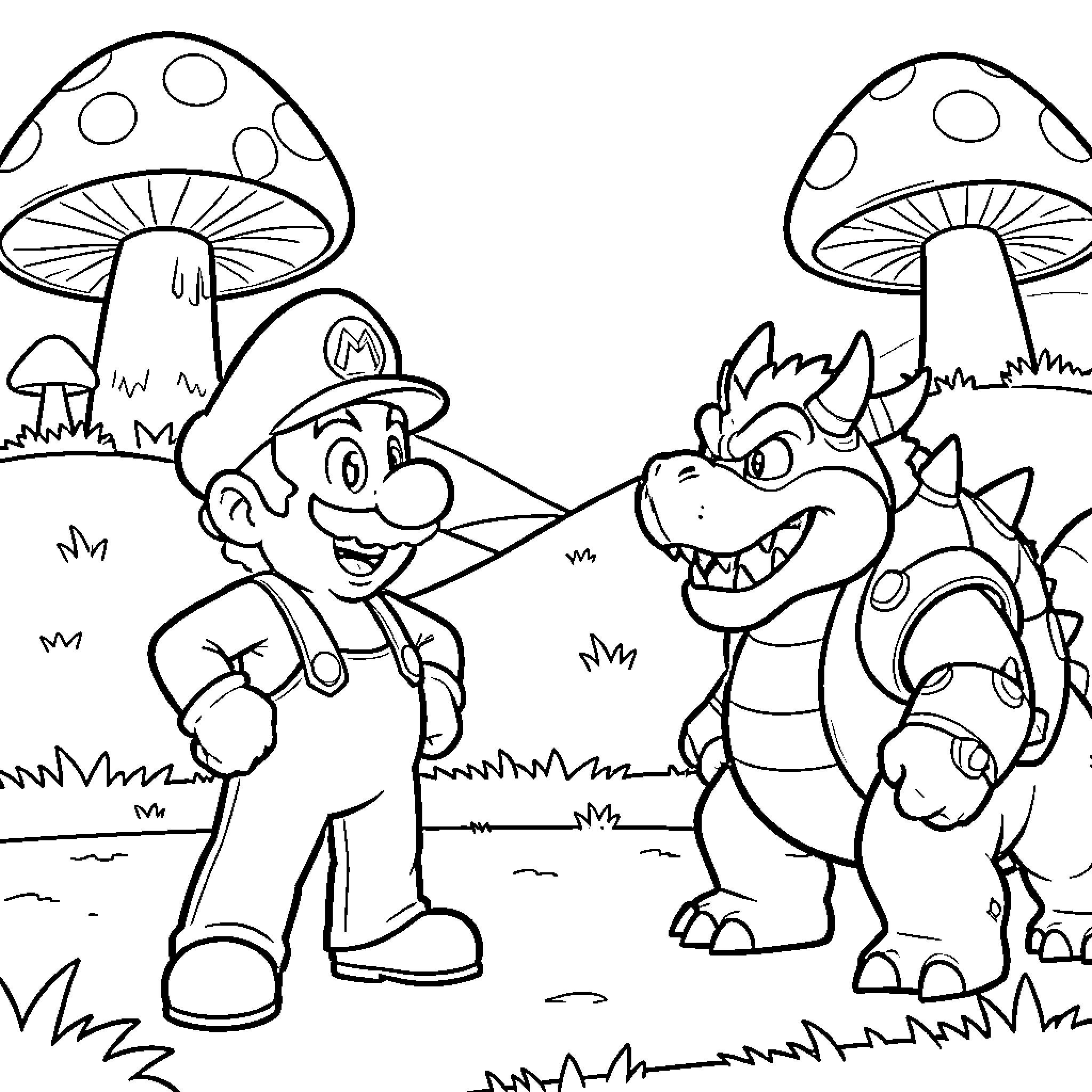Mario facing off against Bowser in a grassy field Coloring Page (free black-and-white line drawing printable PDF for all, from beginners to advanced learners, including children, teens, adults, and seniors)