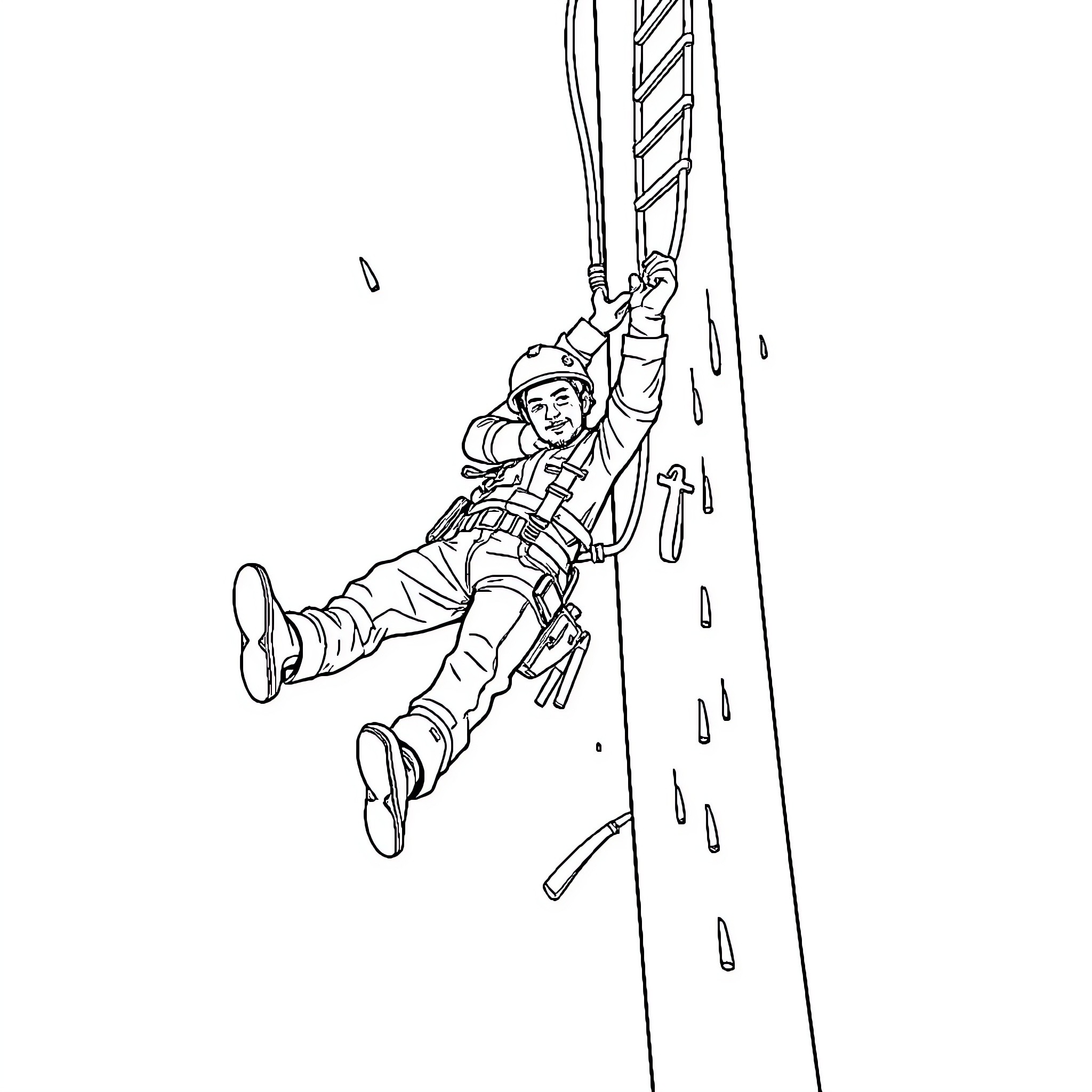 Construction Worker Scaling Tall Structure Coloring Page (free black-and-white line drawing printable PDF for all, from beginners to advanced learners, including children, teens, adults, and seniors)