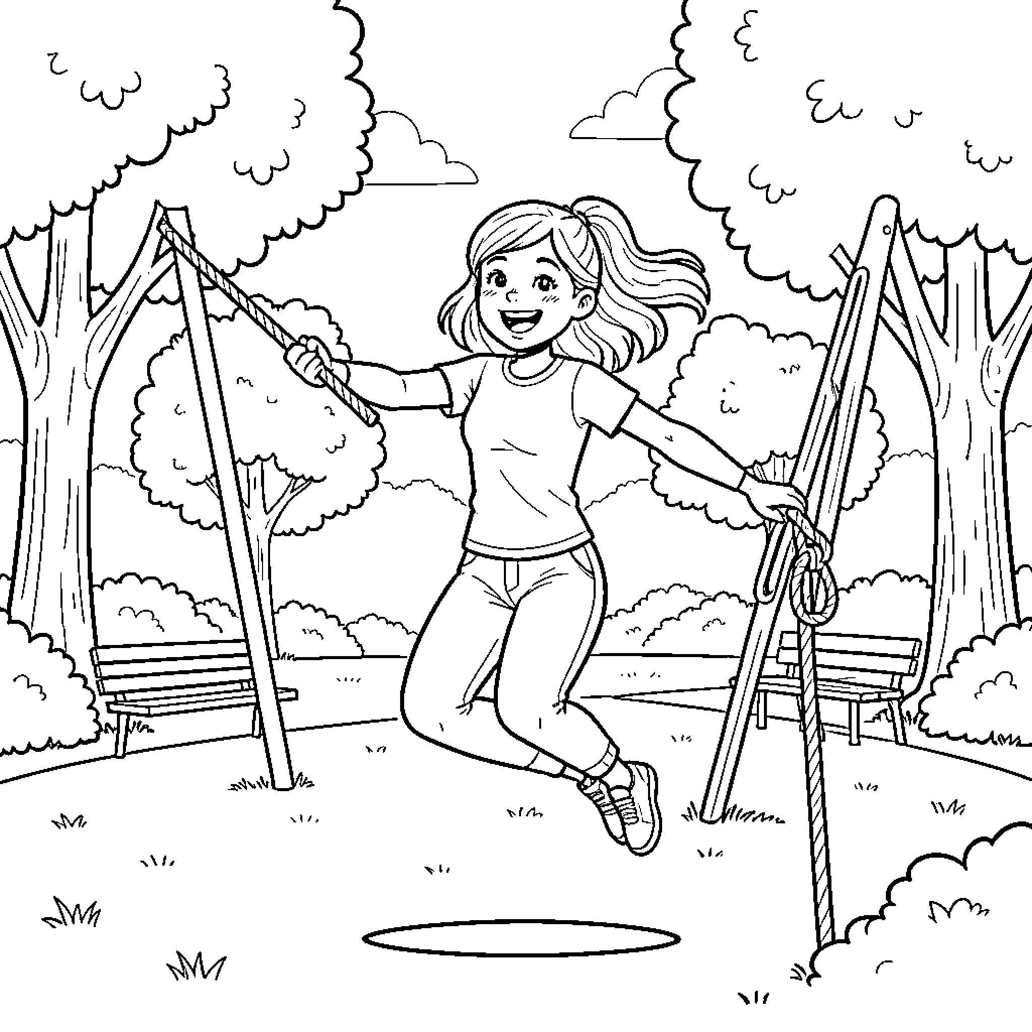 Maria jumping joyfully between two ropes in a park Coloring Page (free black-and-white line drawing printable PDF for all, from beginners to advanced learners, including children, teens, adults, and seniors)