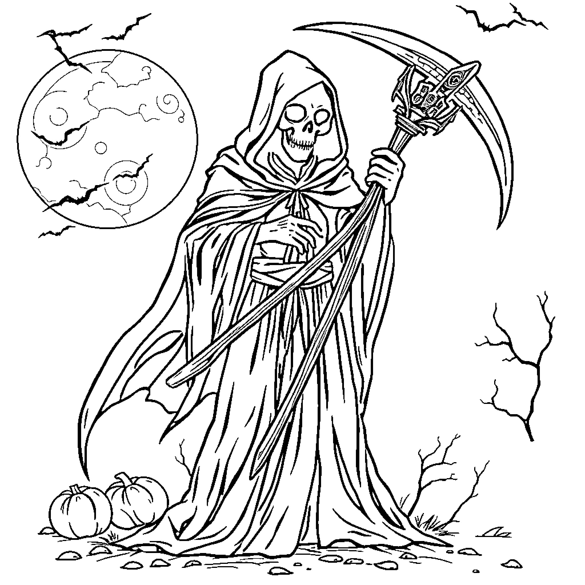 Grim Reaper wielding scythe in eerie nightscape Coloring Page (free black-and-white line drawing printable PDF for all, from beginners to advanced learners, including children, teens, adults, and seniors)