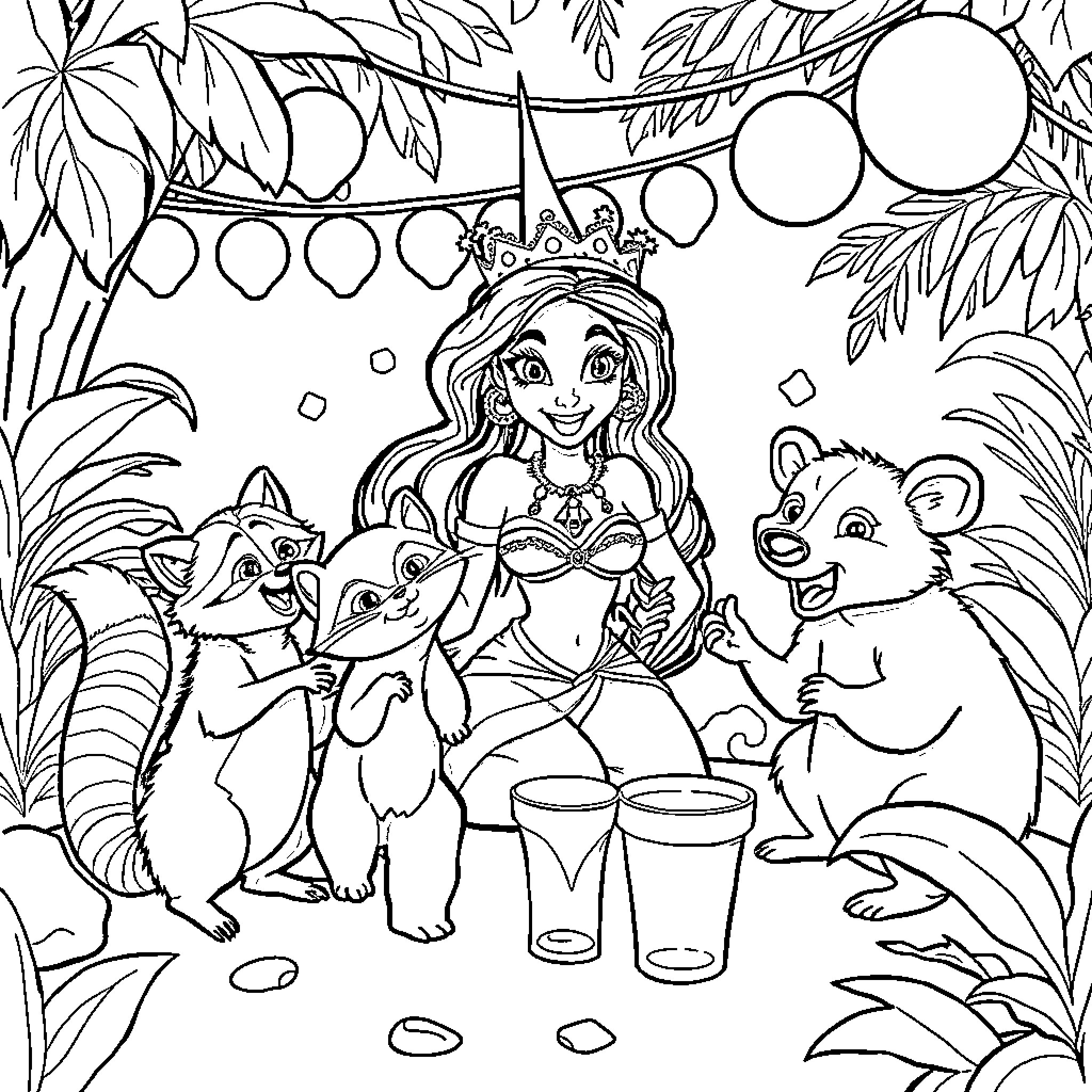 Cat Party with Princess and Animals Coloring Page (free black-and-white line drawing printable PDF for all, from beginners to advanced learners, including children, teens, adults, and seniors)