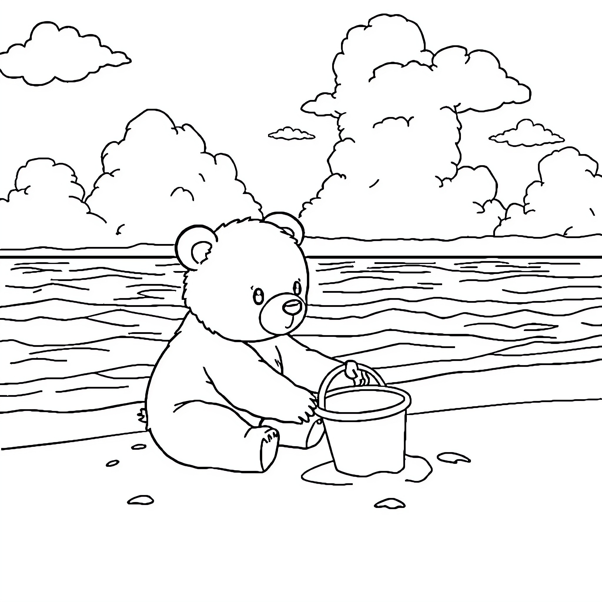 Bear playing with a bucket near the water Coloring Page (free black-and-white line drawing printable PDF for all, from beginners to advanced learners, including children, teens, adults, and seniors)