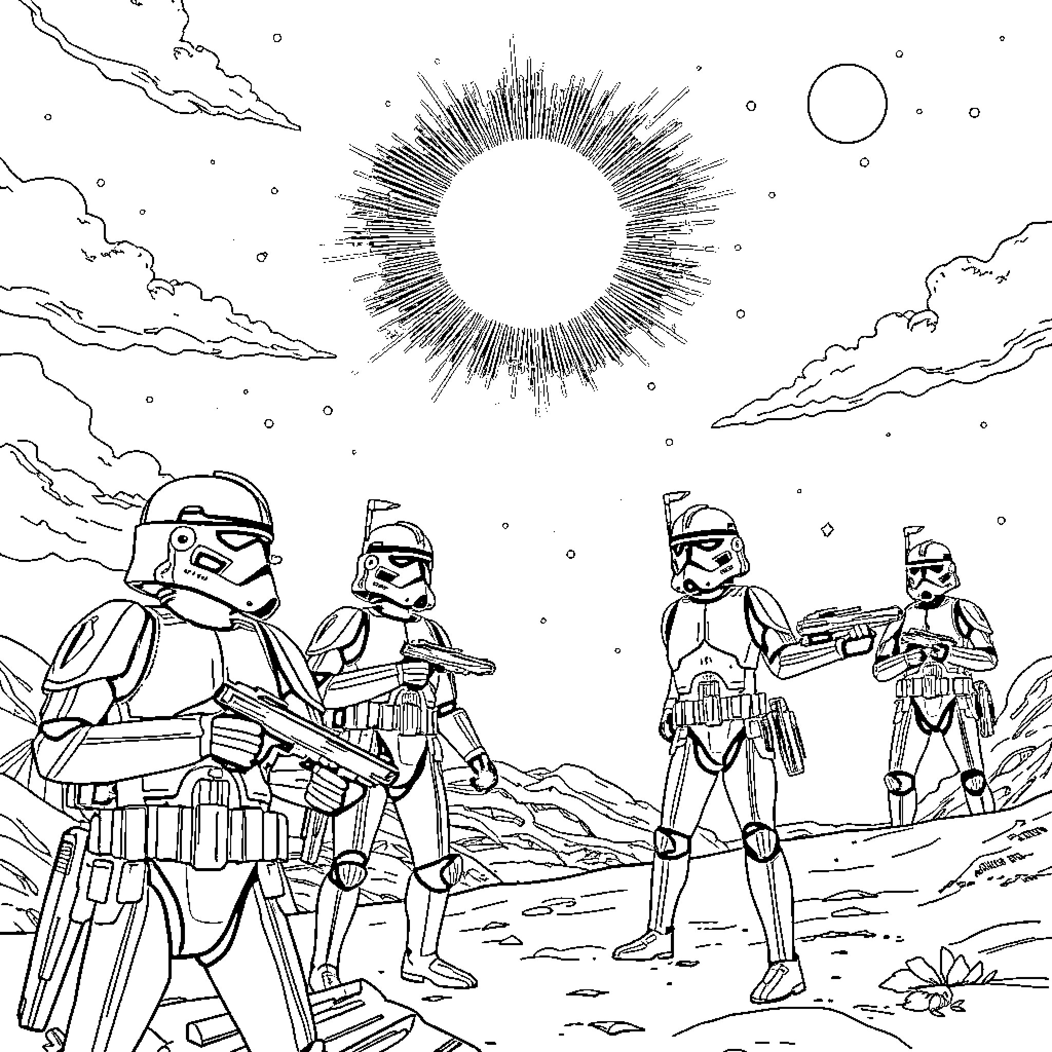 Clone Troopers on a desolate planet Coloring Page (free black-and-white line drawing printable PDF for all, from beginners to advanced learners, including children, teens, adults, and seniors)