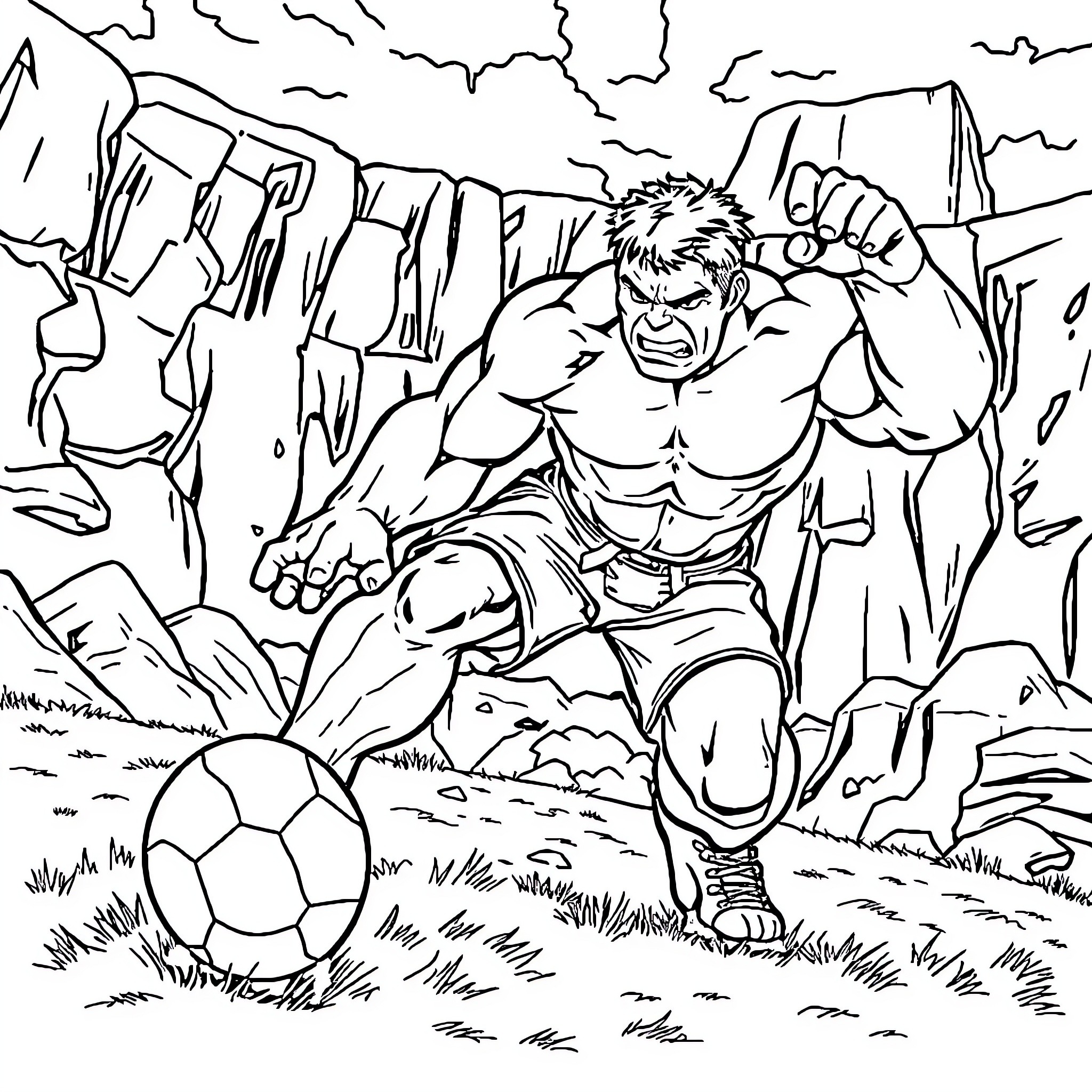 Hulk rampaging through the rugged terrain Coloring Page (free black-and-white line drawing printable PDF for all, from beginners to advanced learners, including children, teens, adults, and seniors)