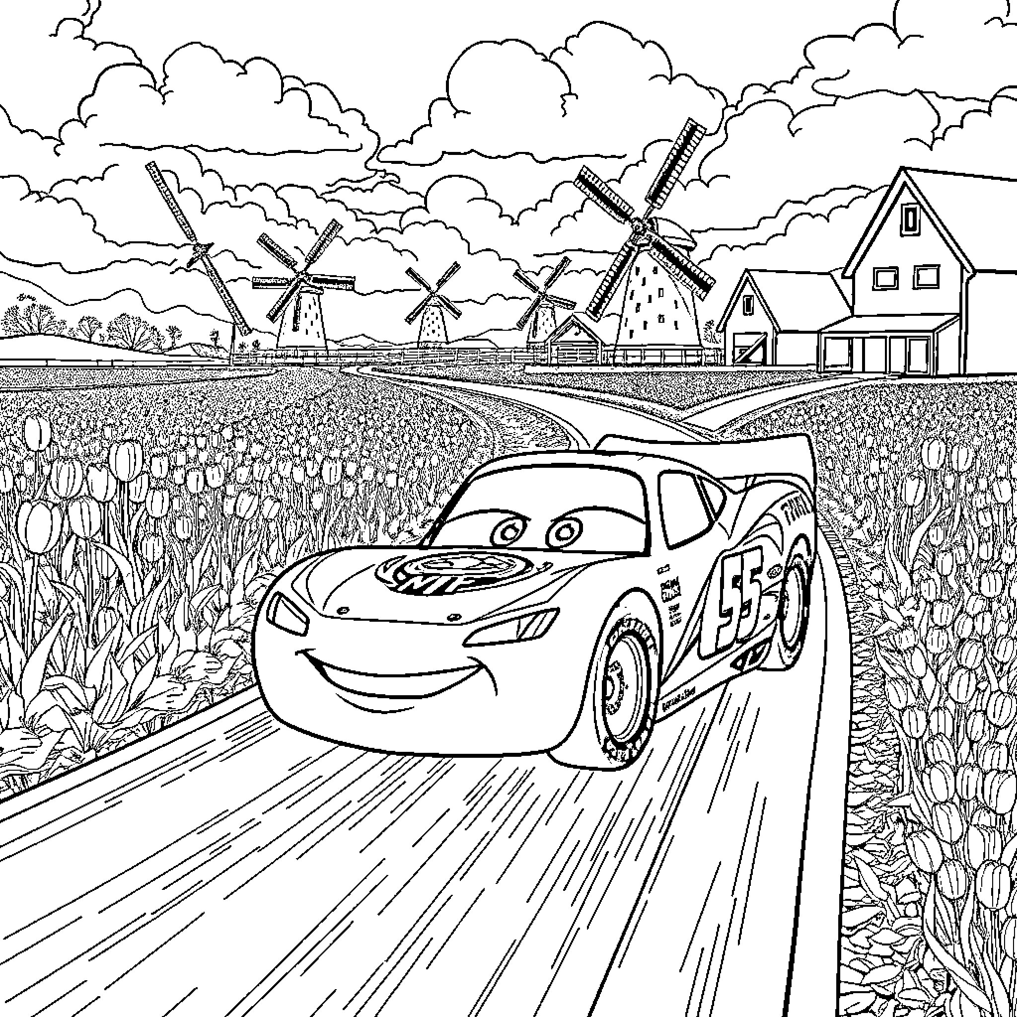 Lightning McQueen racing through a Dutch windmill countryside Coloring Page (free black-and-white line drawing printable PDF for all, from beginners to advanced learners, including children, teens, adults, and seniors)