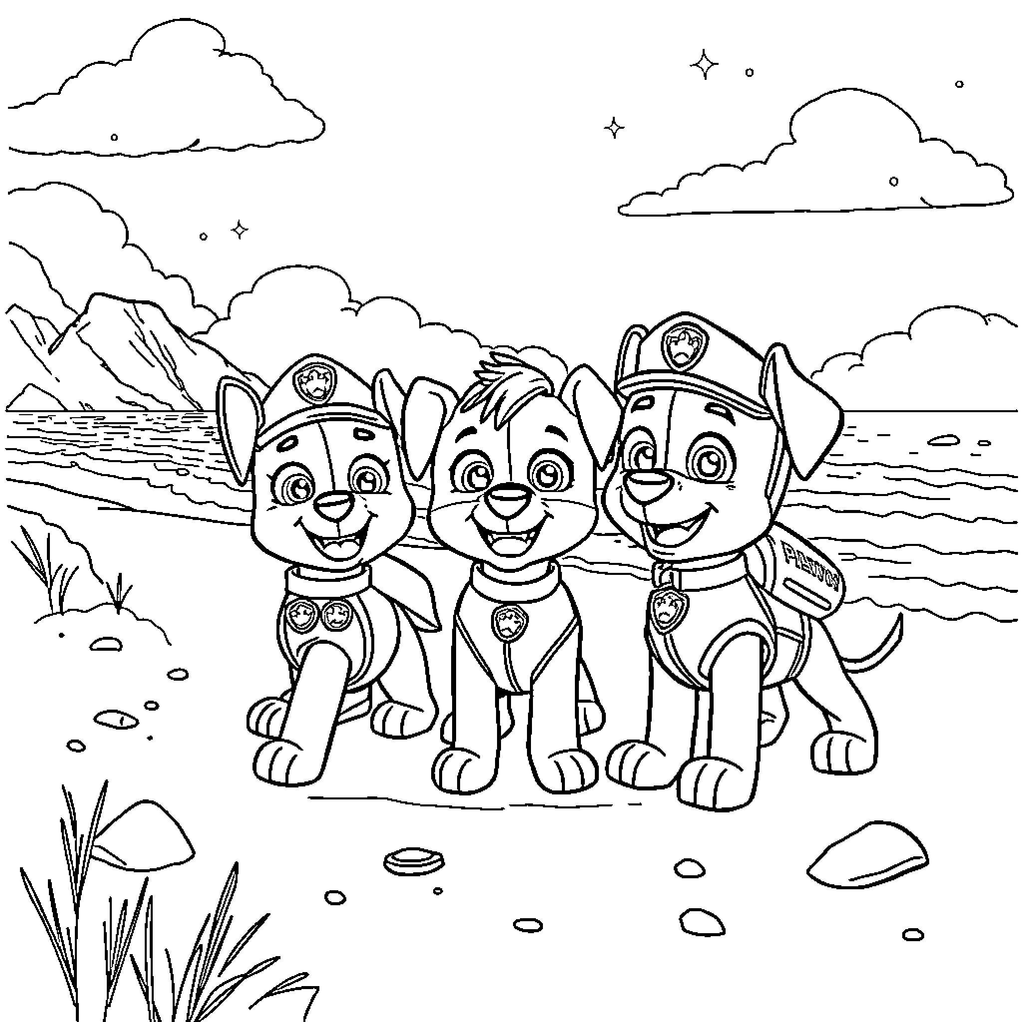Paw Patrol Puppies on the Beach Coloring Page (free black-and-white line drawing printable PDF for all, from beginners to advanced learners, including children, teens, adults, and seniors)