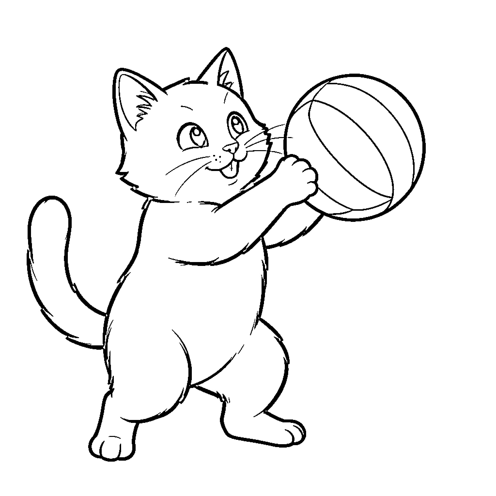 Gato playing happily with a large ball Coloring Page (free black-and-white line drawing printable PDF for all, from beginners to advanced learners, including children, teens, adults, and seniors)