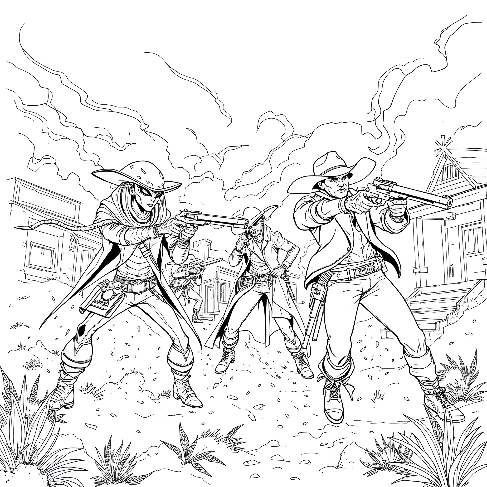 Alien cowboys in a wild west showdown Coloring Page (free black-and-white line drawing printable PDF for all, from beginners to advanced learners, including children, teens, adults, and seniors)