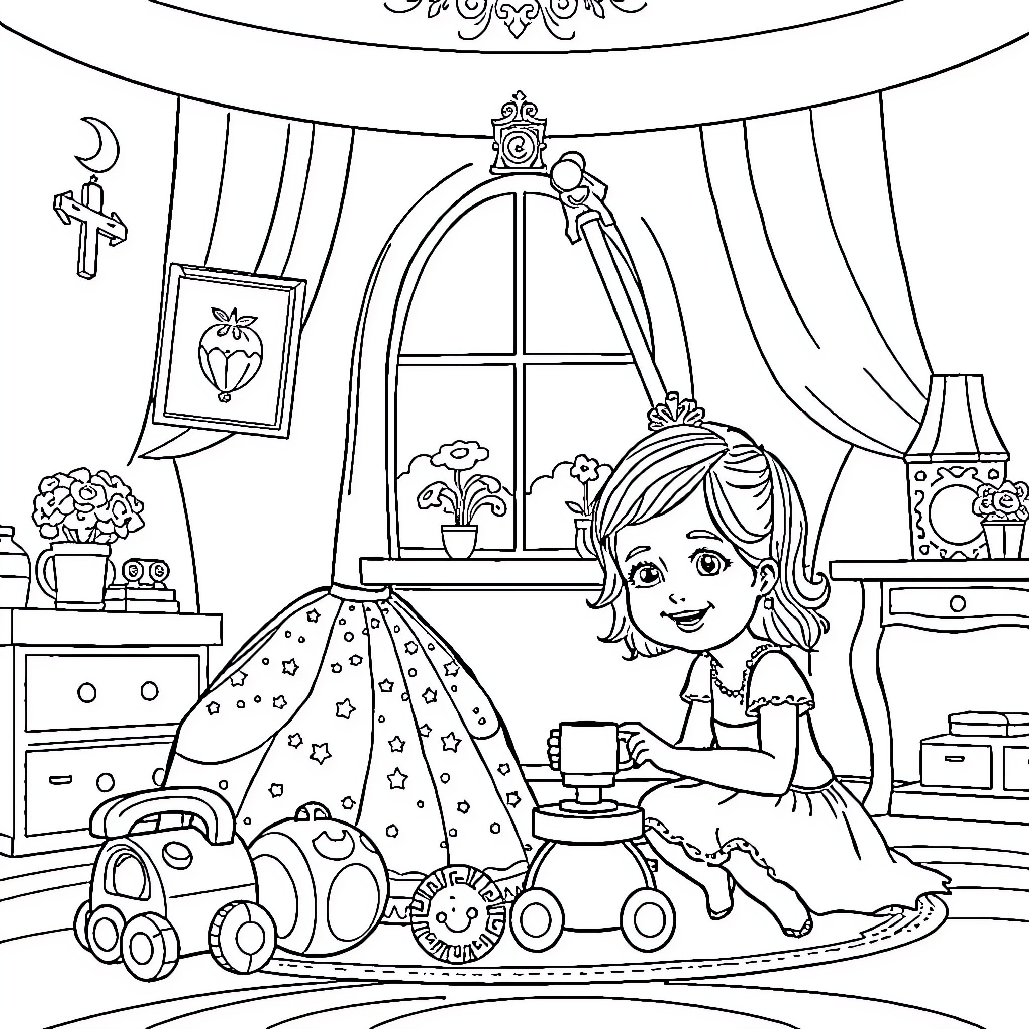 Princess Playing Joyfully with Toys in Her Room Coloring Page (free black-and-white line drawing printable PDF for all, from beginners to advanced learners, including children, teens, adults, and seniors)