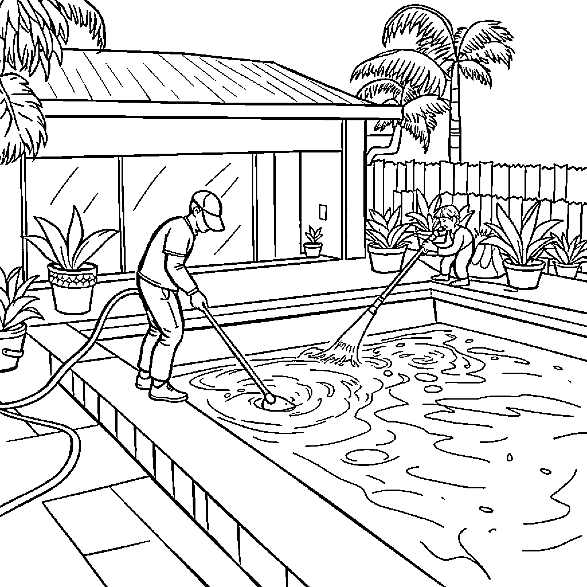 Pool cleaning in a tropical paradise Coloring Page (free black-and-white line drawing printable PDF for all, from beginners to advanced learners, including children, teens, adults, and seniors)