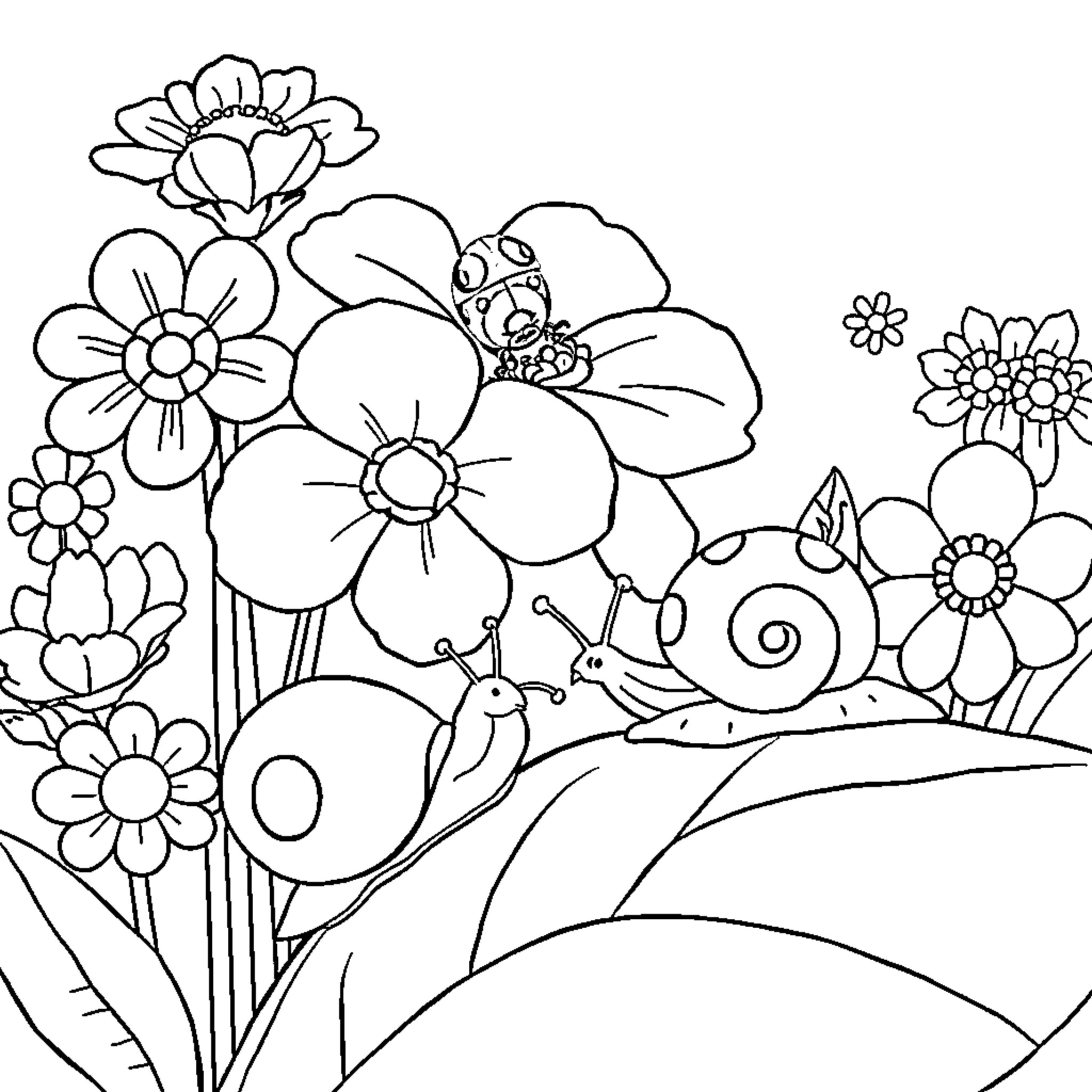 Ladybug exploring a floral garden Coloring Page (free black-and-white line drawing printable PDF for all, from beginners to advanced learners, including children, teens, adults, and seniors)