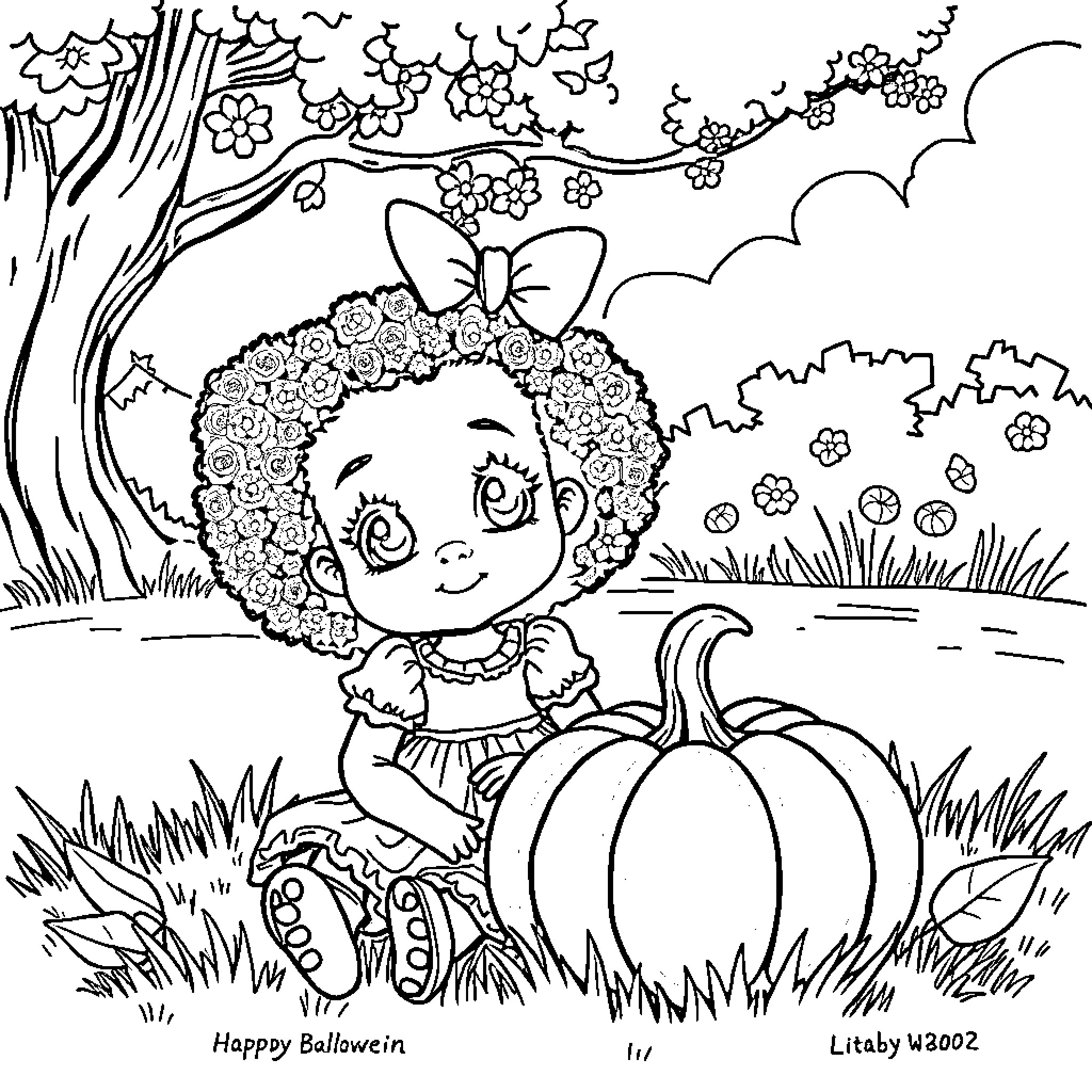Girl playing happily in the autumn garden Coloring Page (free black-and-white line drawing printable PDF for all, from beginners to advanced learners, including children, teens, adults, and seniors)