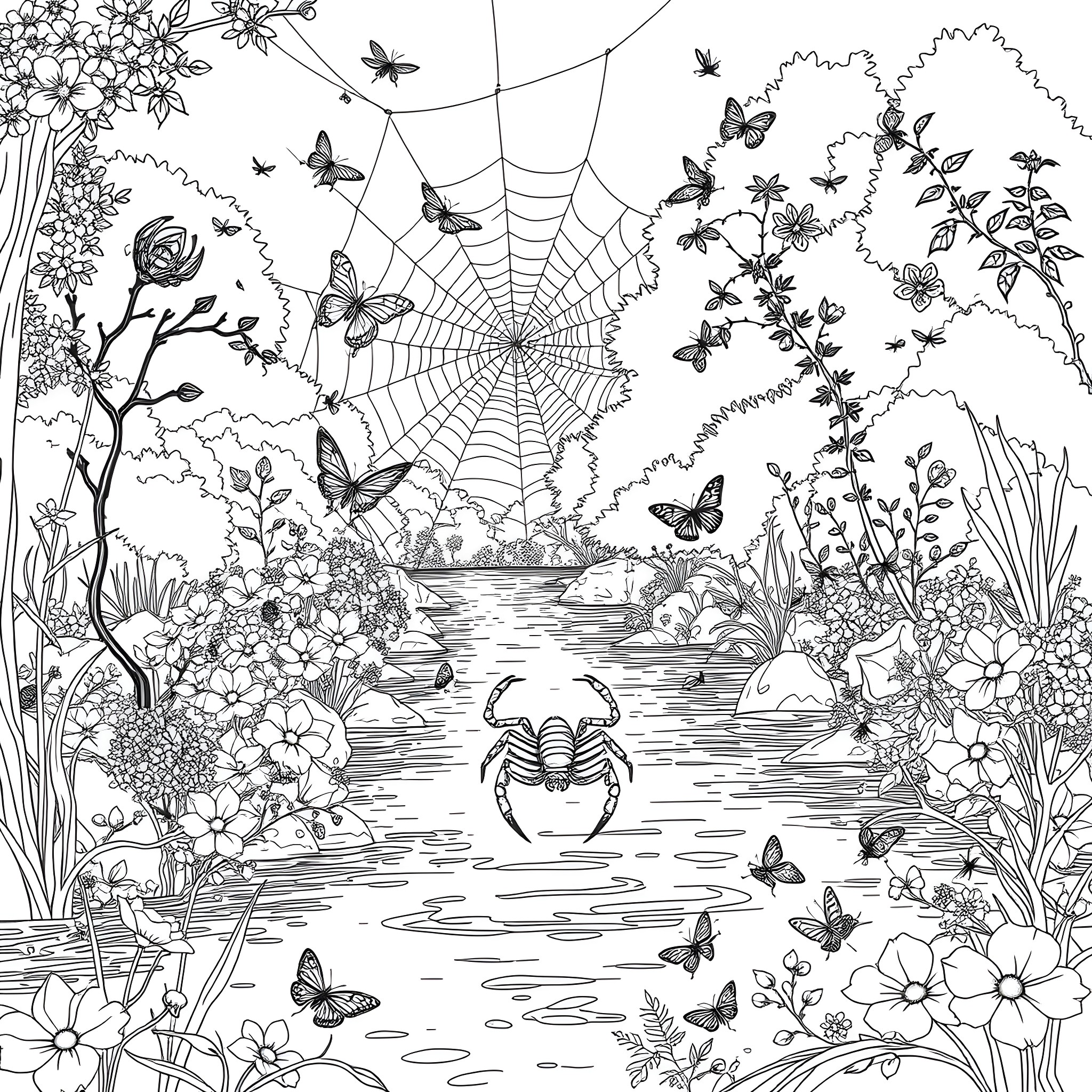 Insect magic in a floral wonderland Coloring Page (free black-and-white line drawing printable PDF for all, from beginners to advanced learners, including children, teens, adults, and seniors)