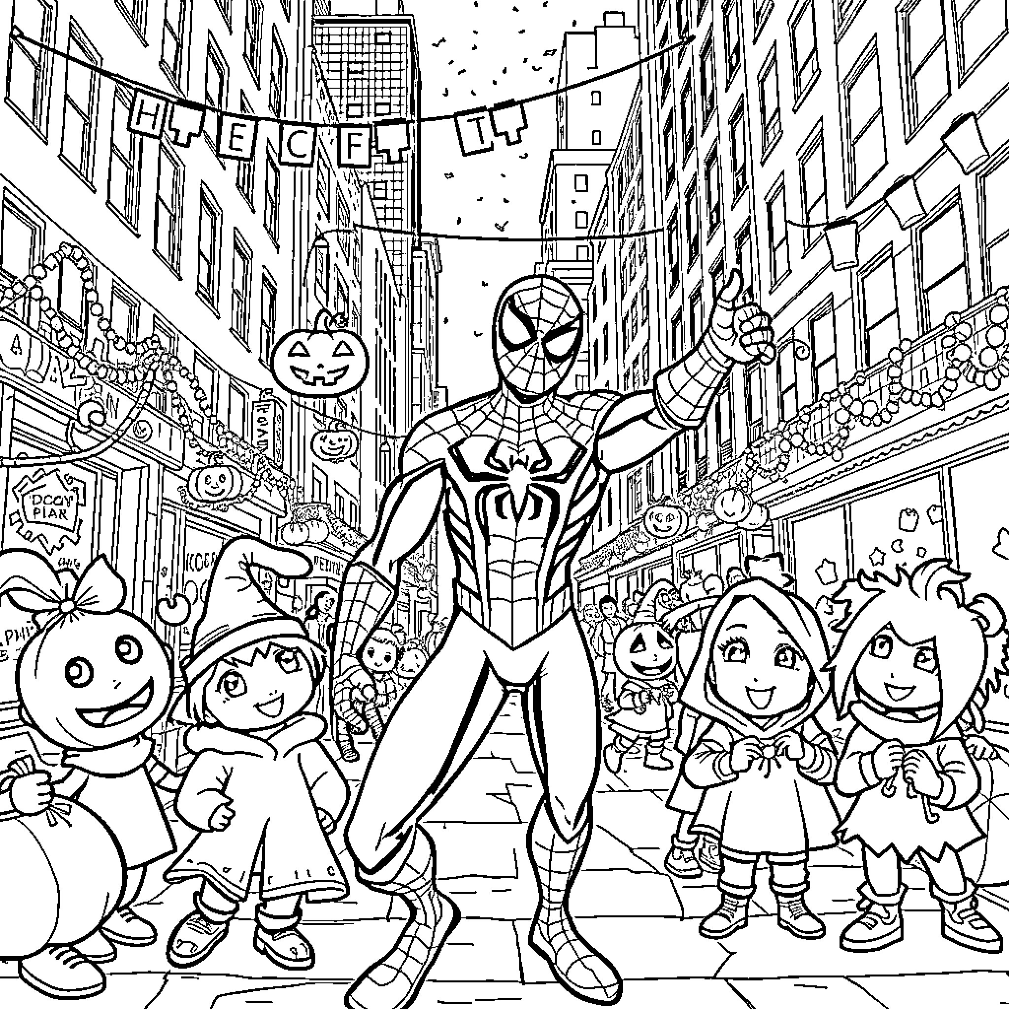 Spider-Man Celebrates Halloween with Costumed Friends Coloring Page (free black-and-white line drawing printable PDF for all, from beginners to advanced learners, including children, teens, adults, and seniors)