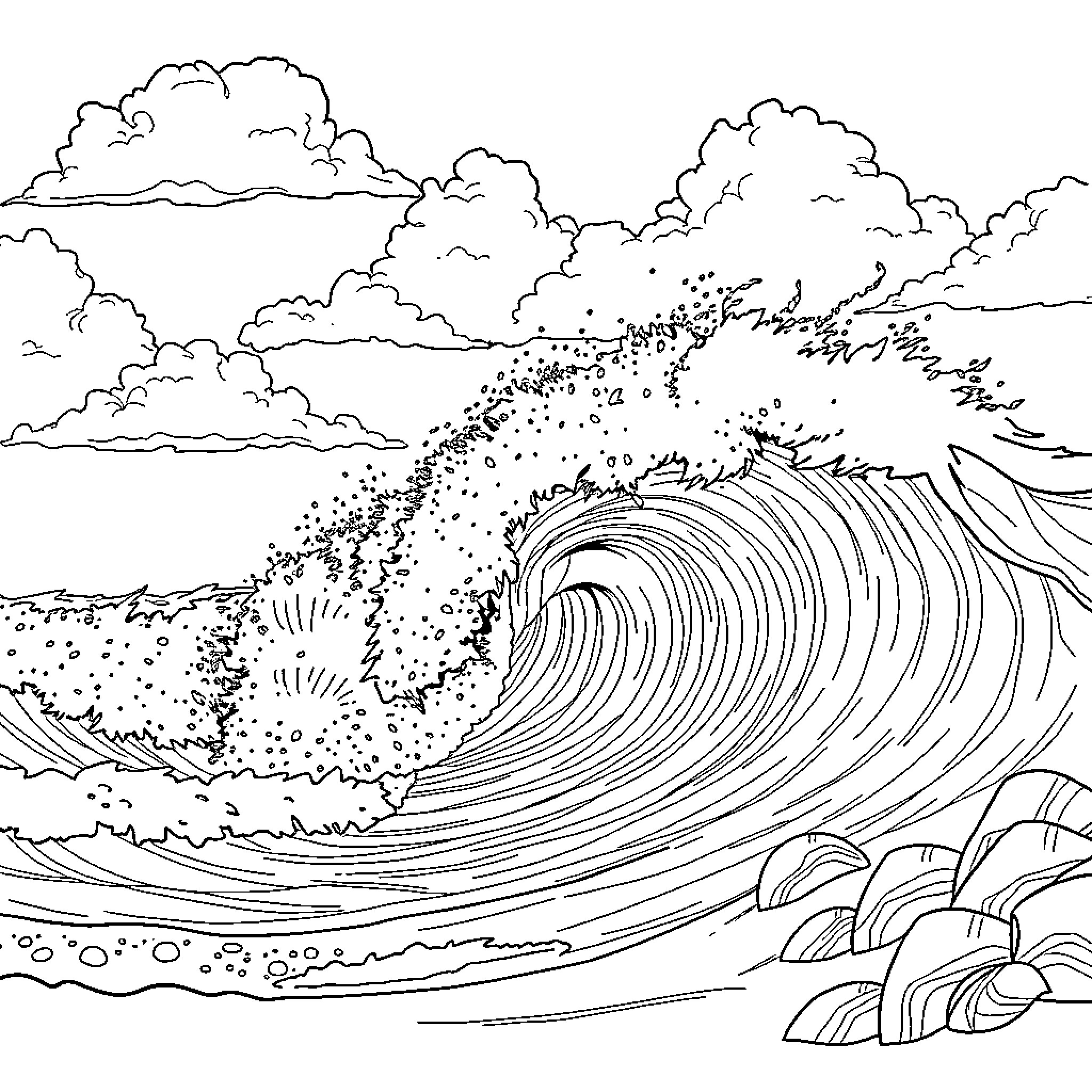 Surfing the Powerful Ocean Waves Coloring Page (free black-and-white line drawing printable PDF for all, from beginners to advanced learners, including children, teens, adults, and seniors)