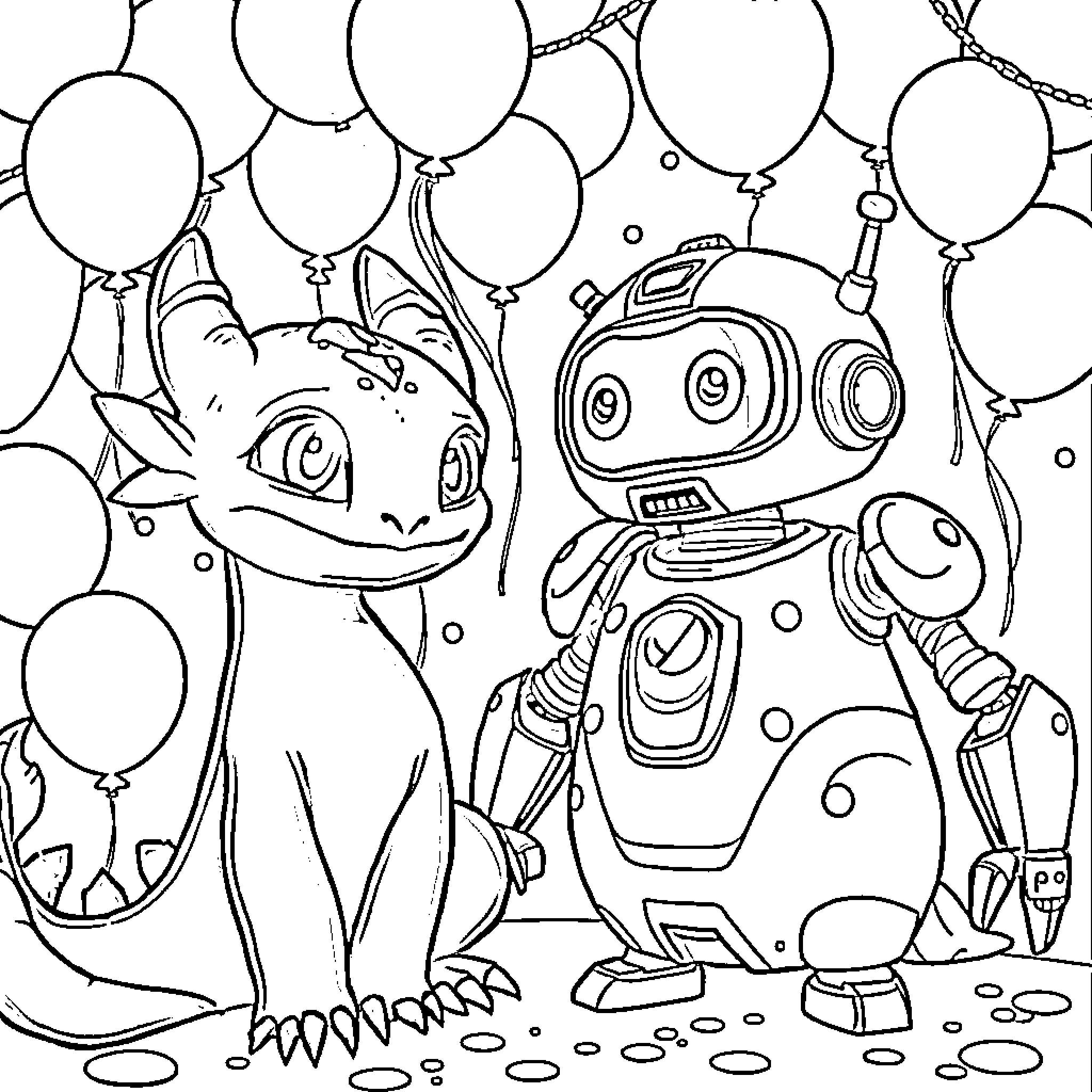 Toothless and robot celebrating with balloons Coloring Page (free black-and-white line drawing printable PDF for all, from beginners to advanced learners, including children, teens, adults, and seniors)
