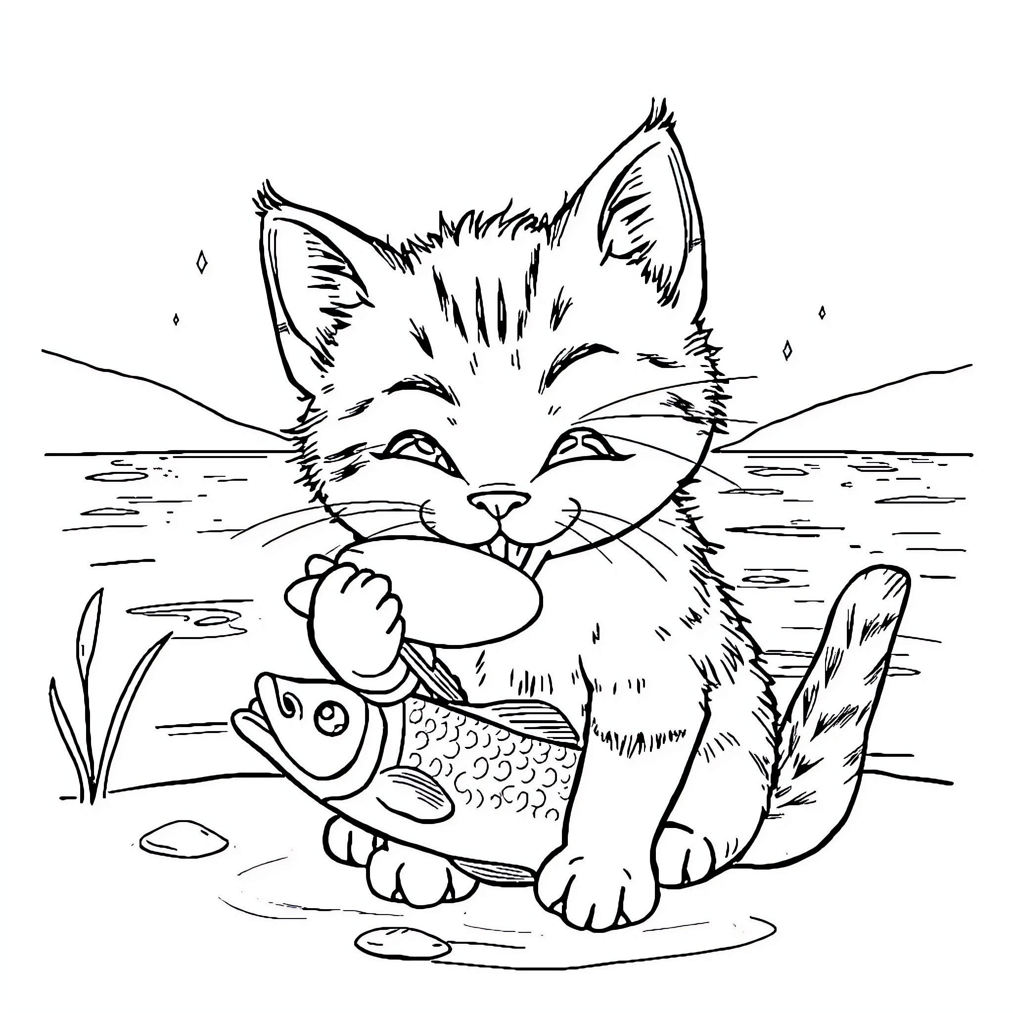 Cat catching a fish in the pond Coloring Page (free black-and-white line drawing printable PDF for all, from beginners to advanced learners, including children, teens, adults, and seniors)