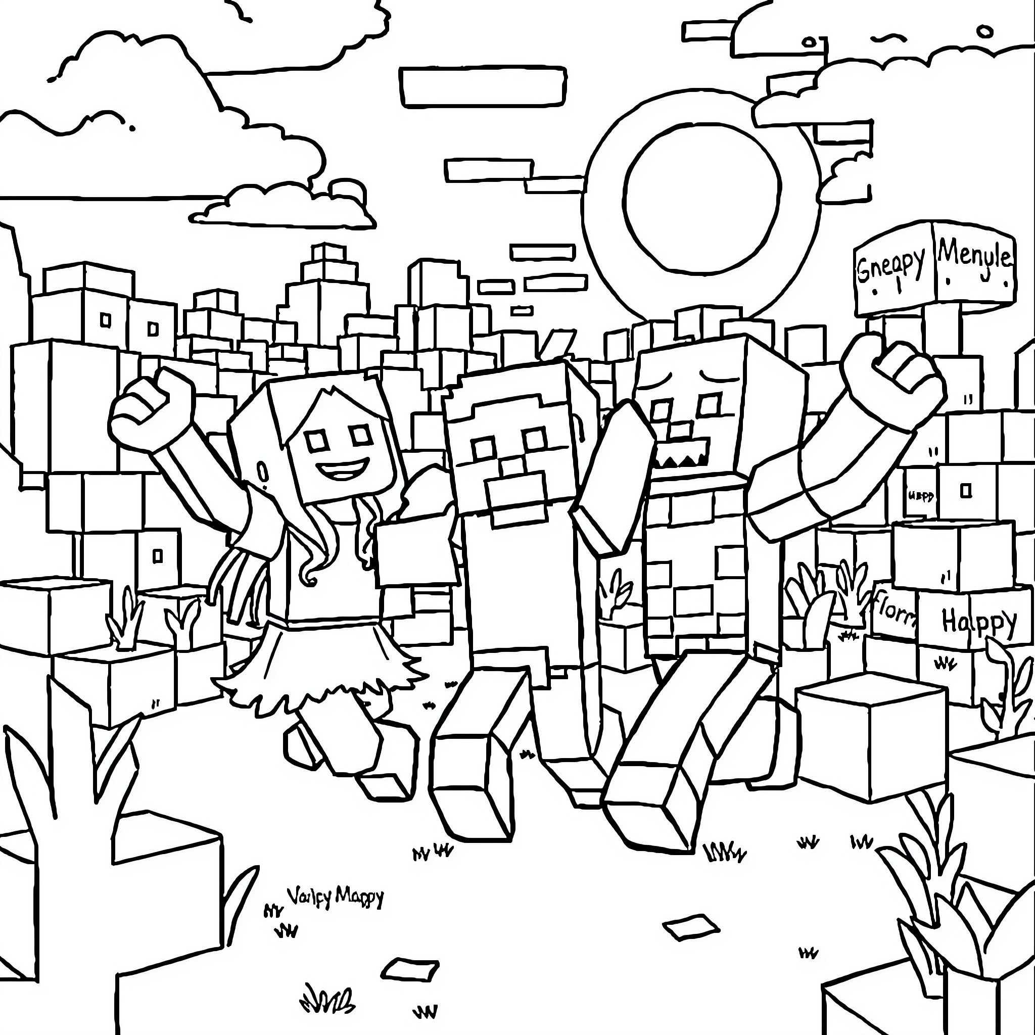Minecraft Characters Celebrating in the City Coloring Page (free black-and-white line drawing printable PDF for all, from beginners to advanced learners, including children, teens, adults, and seniors)