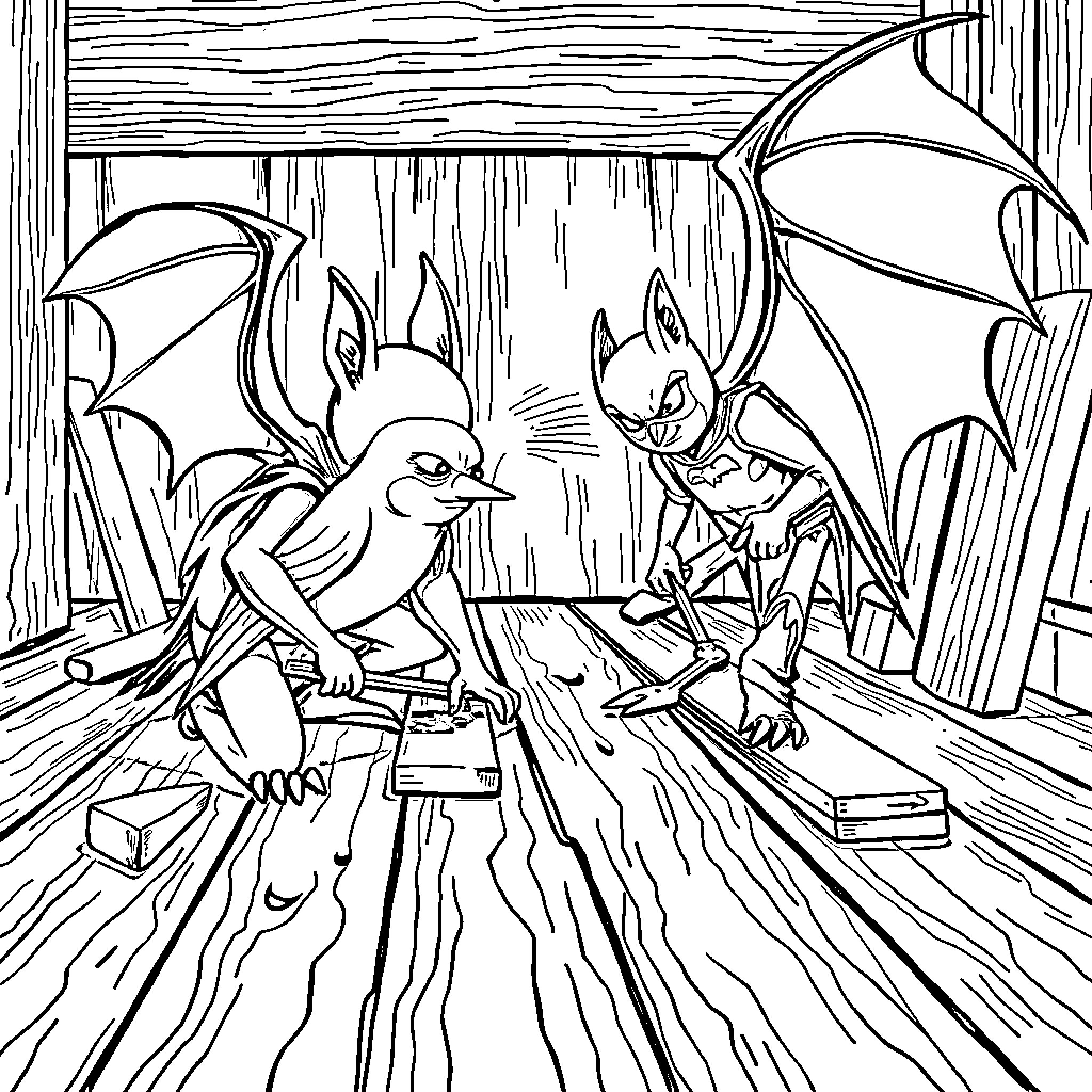 Bats working on a project in the attic Coloring Page (free black-and-white line drawing printable PDF for all, from beginners to advanced learners, including children, teens, adults, and seniors)