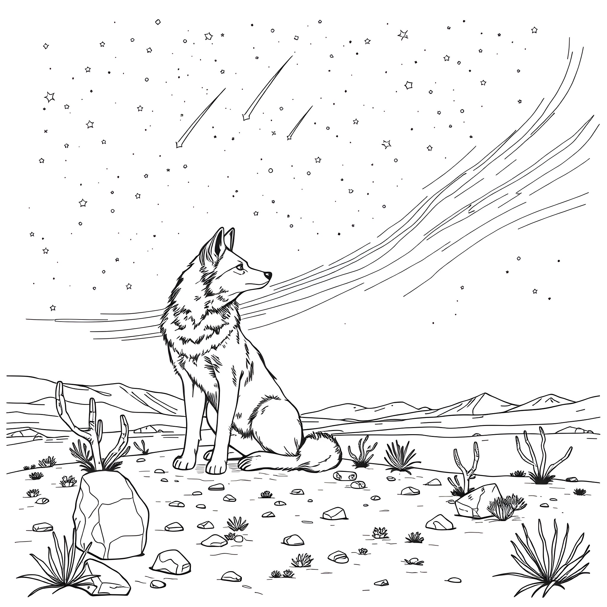 Coyote observing the starry night in the desert Coloring Page (free black-and-white line drawing printable PDF for all, from beginners to advanced learners, including children, teens, adults, and seniors)