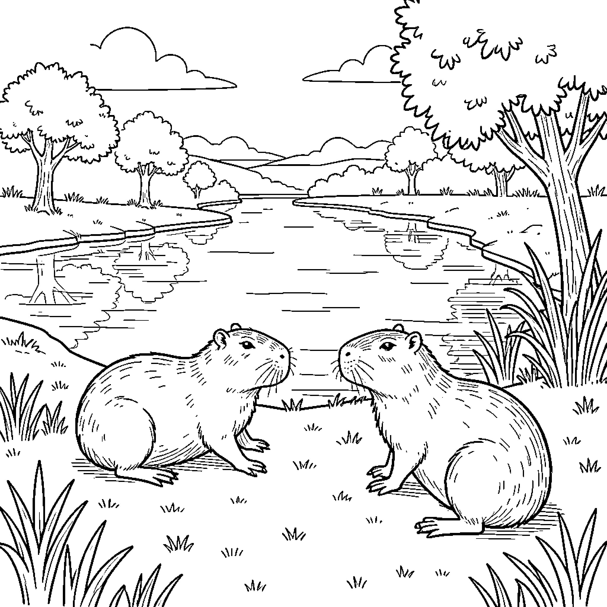 Capybara sitting together by the riverbank Coloring Page (free black-and-white line drawing printable PDF for all, from beginners to advanced learners, including children, teens, adults, and seniors)