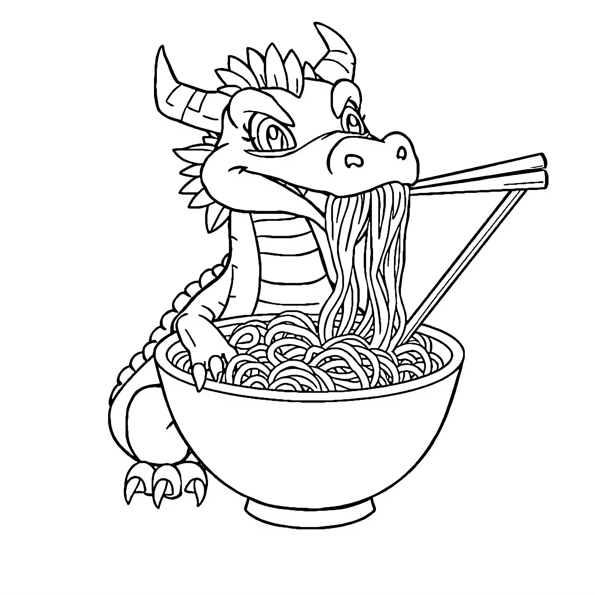 Dragon Eating Noodles from a Bowl Coloring Page (free black-and-white line drawing printable PDF for all, from beginners to advanced learners, including children, teens, adults, and seniors)