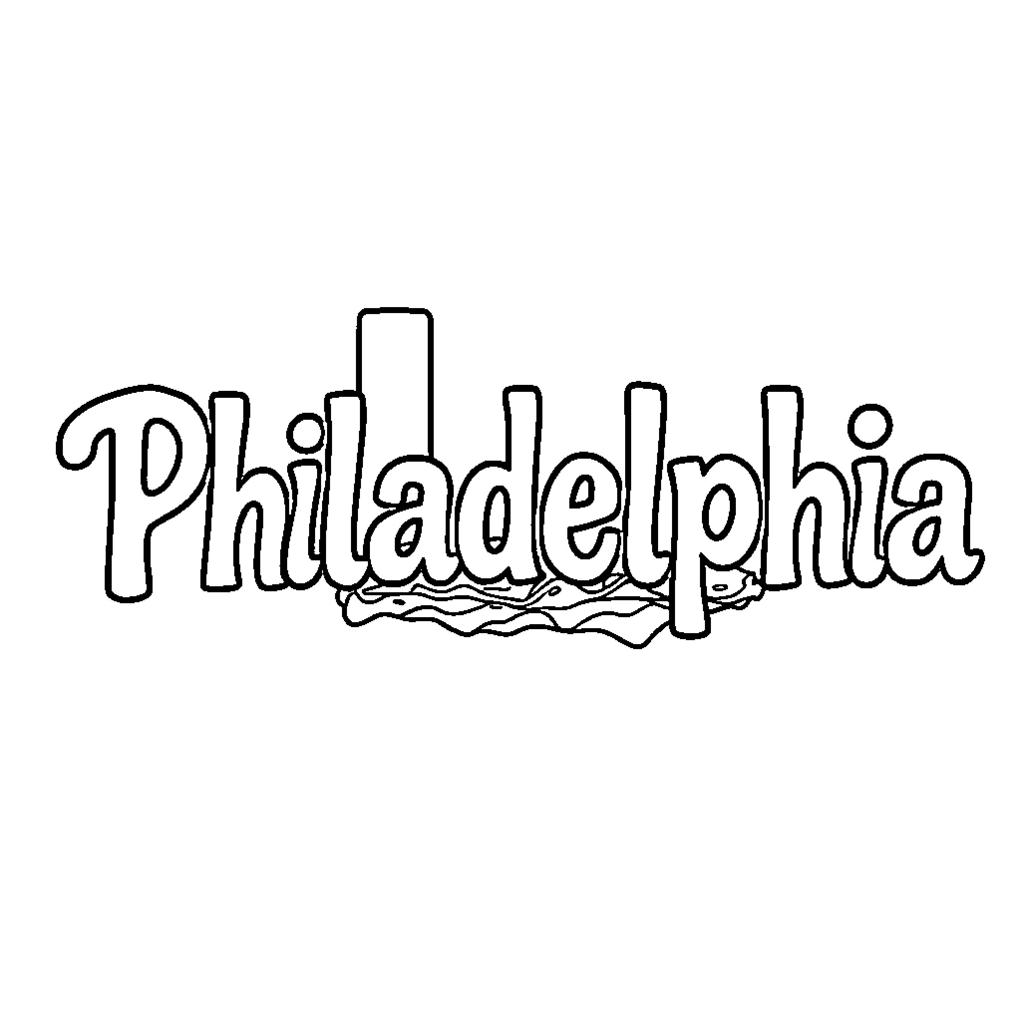 Philadelphia skyline in simple line drawing Coloring Page (free black-and-white line drawing printable PDF for all, from beginners to advanced learners, including children, teens, adults, and seniors)