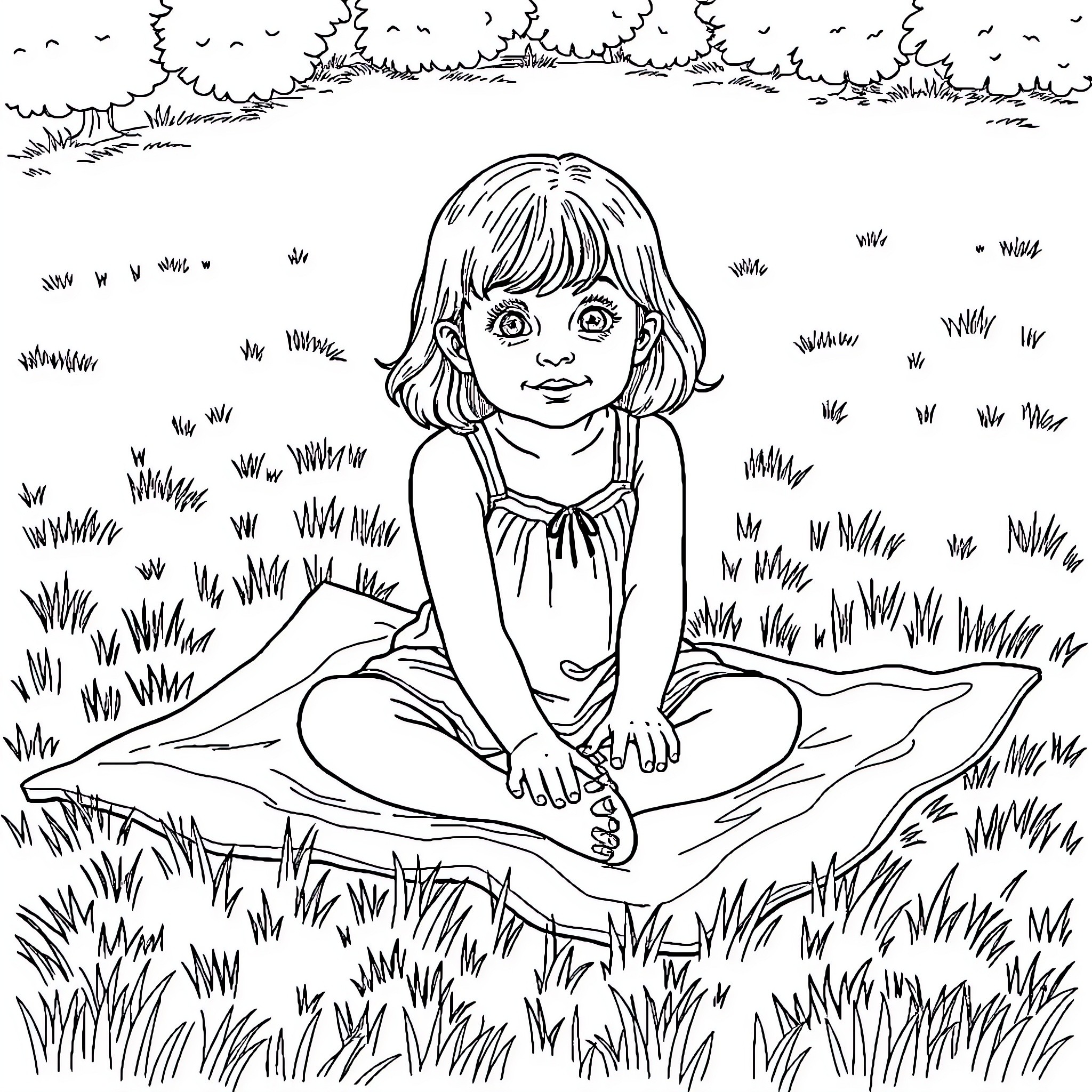 Girl enjoying nature in the meadow Coloring Page (free black-and-white line drawing printable PDF for all, from beginners to advanced learners, including children, teens, adults, and seniors)