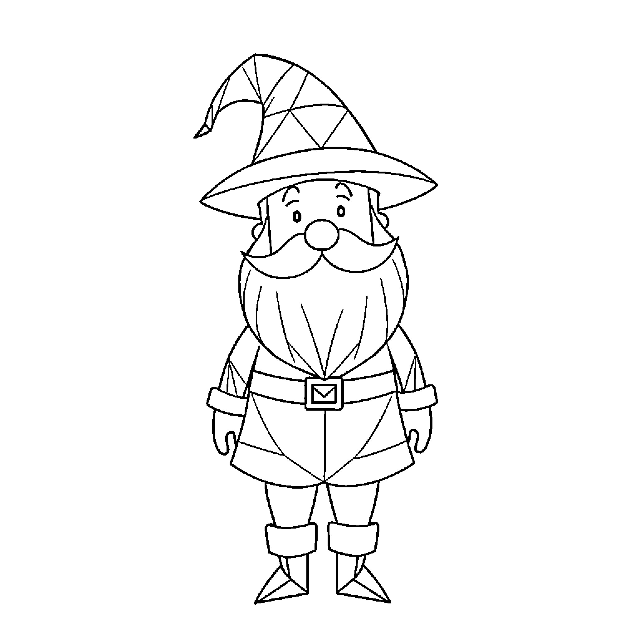 Santa Claus in a whimsical hat and outfit Coloring Page (free black-and-white line drawing printable PDF for all, from beginners to advanced learners, including children, teens, adults, and seniors)